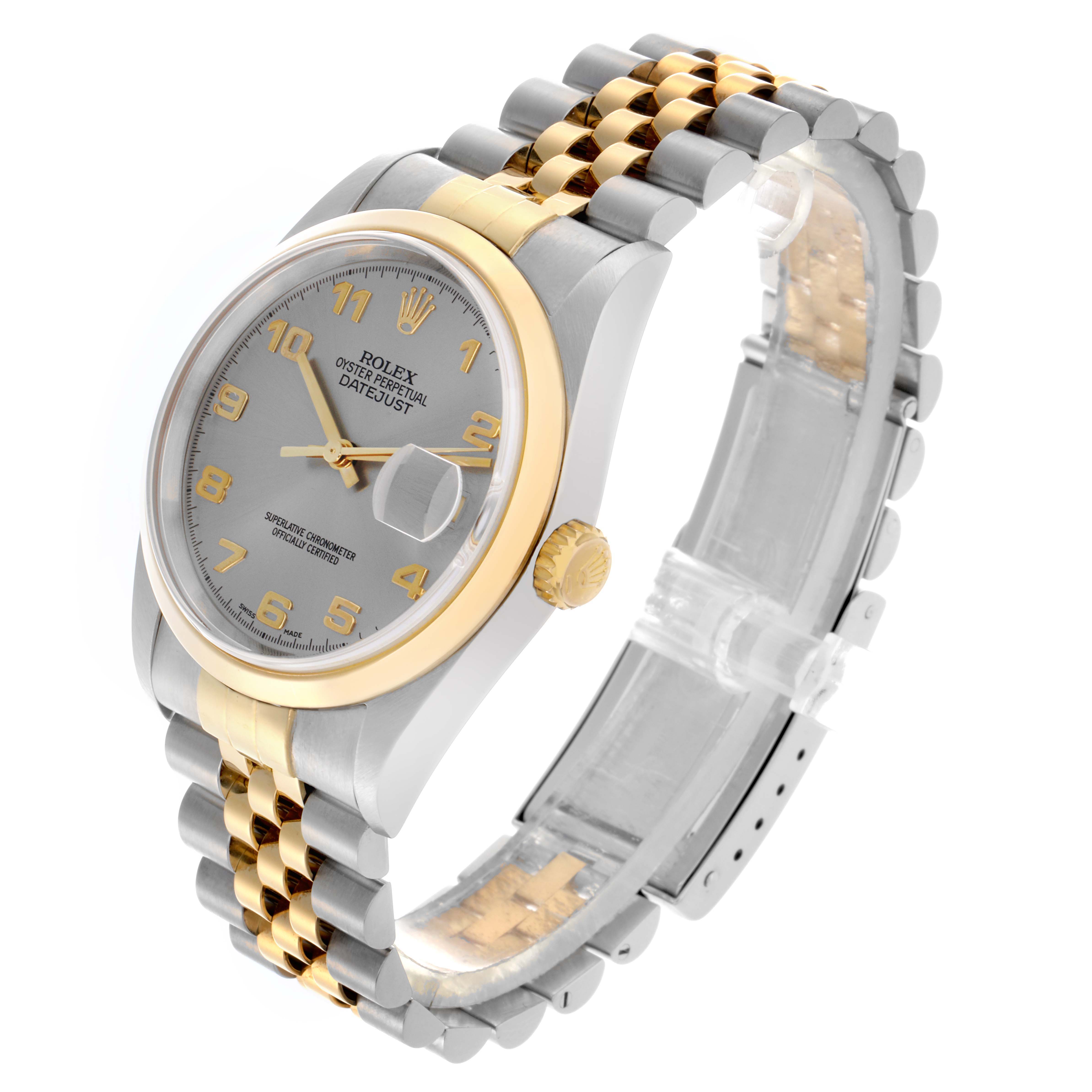 The Rolex Datejust 16203 Men's Steel and Gold (two tone) Grey Dial 16203 Men's Steel and Gold (two tone) Grey Dial watch is shown at a three-quarter angle, highlighting the dial, bezel, crown, and two-tone bracelet.