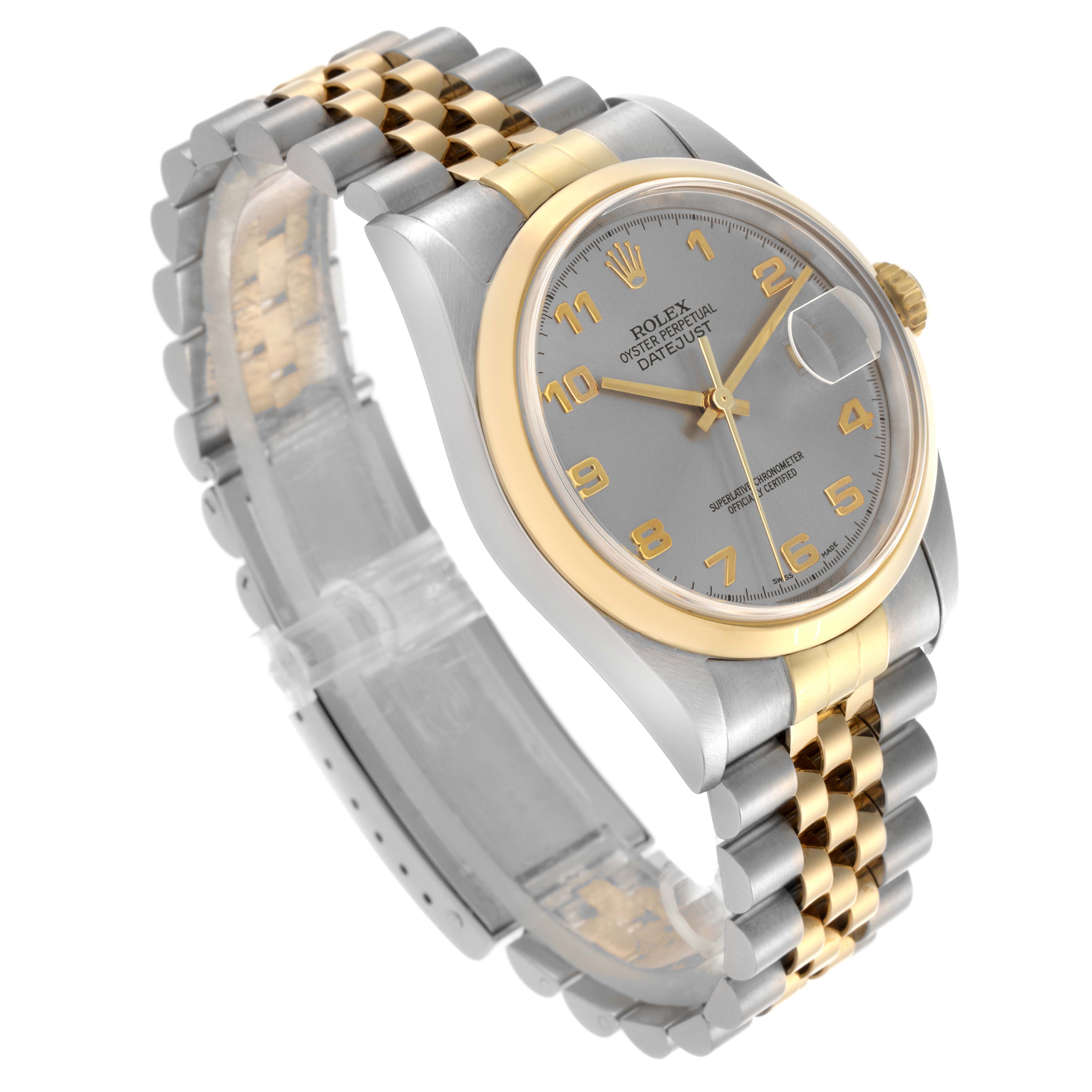The Rolex Datejust 16203 Men's Steel and Gold (two tone) Grey Dial 16203 Men's Steel and Gold (two tone) Grey Dial watch is shown at an angled view, highlighting the face, bezel, and Jubilee bracelet with a two-tone design.