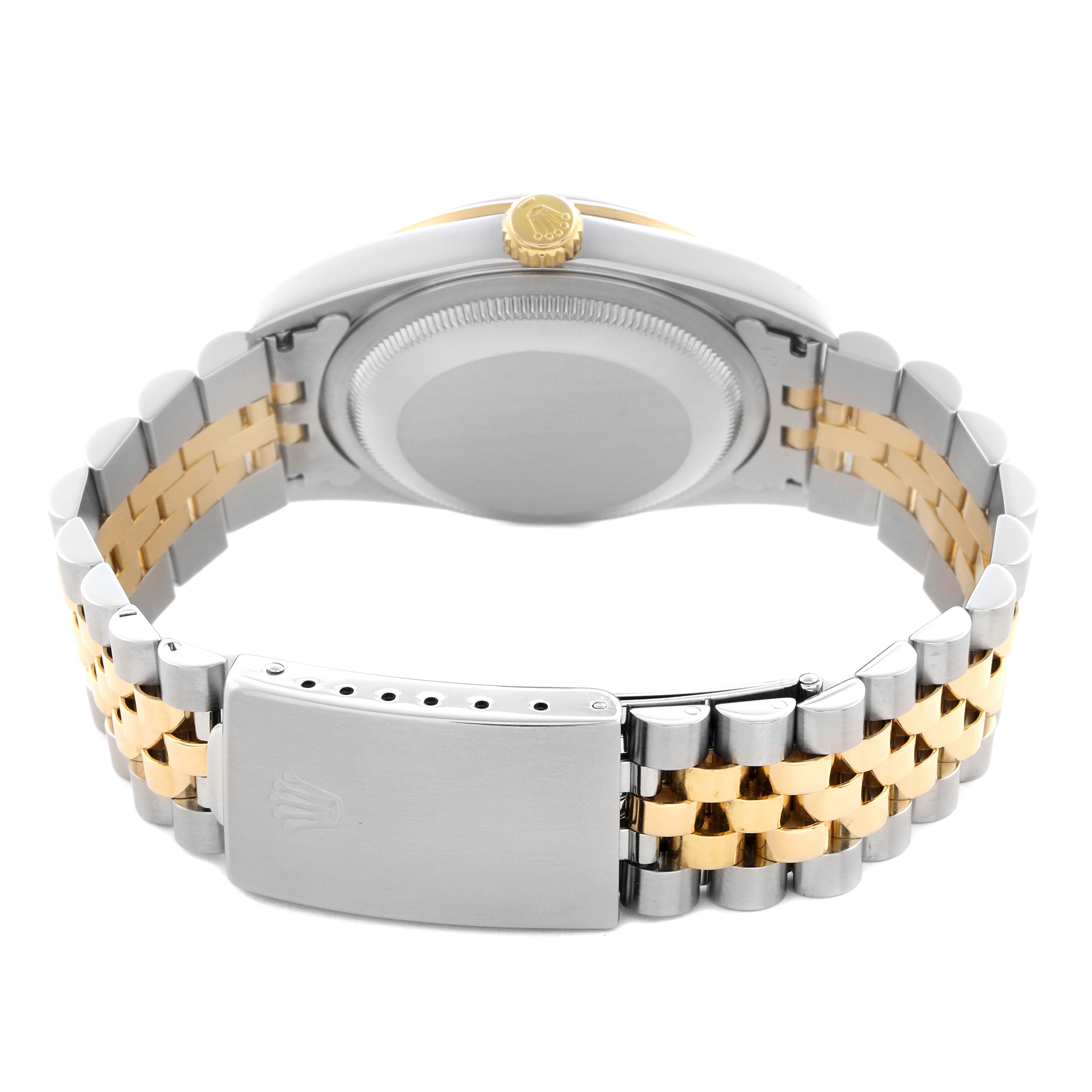 The image shows the back view of a Rolex Datejust 16203 Men's Steel and Gold (two tone) Grey Dial 16203 Men's Steel and Gold (two tone) Grey Dial, highlighting the case back, crown, and two-tone Jubilee bracelet.