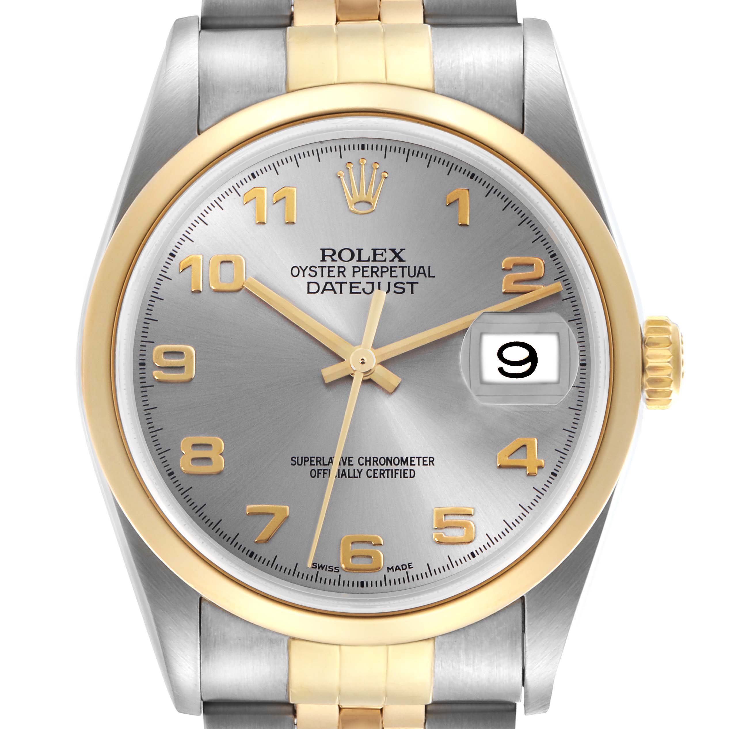 The Rolex Datejust 16203 Men's Steel and Gold (two tone) Grey Dial 16203 Men's Steel and Gold (two tone) Grey Dial watch is shown from a frontal angle, highlighting the dial, bezel, crown, and part of the bracelet.