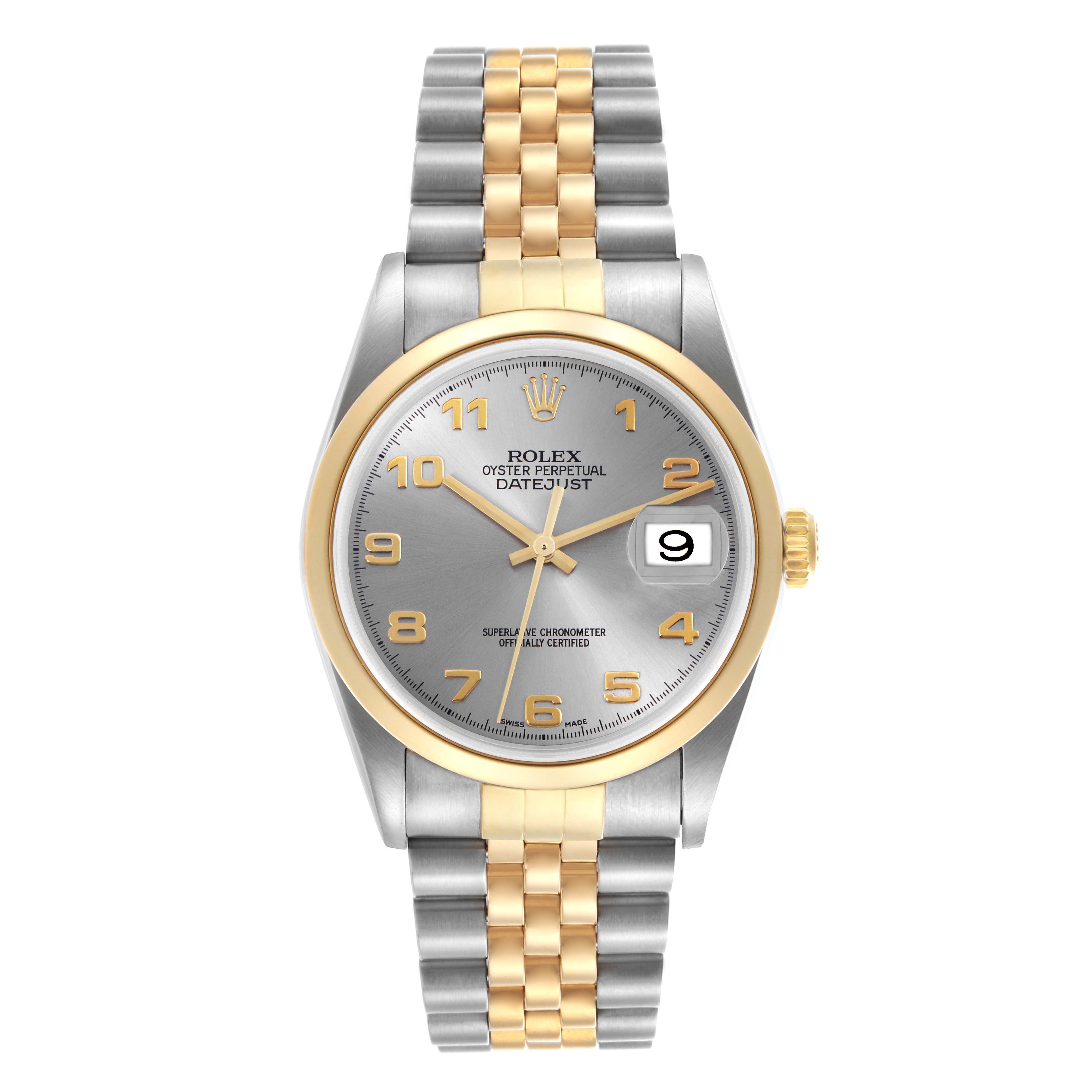 The Rolex Datejust 16203 Men's Steel and Gold (two tone) Grey Dial 16203 Men's Steel and Gold (two tone) Grey Dial watch is shown from a top-down angle, displaying the dial, bezel, crown, and bracelet.