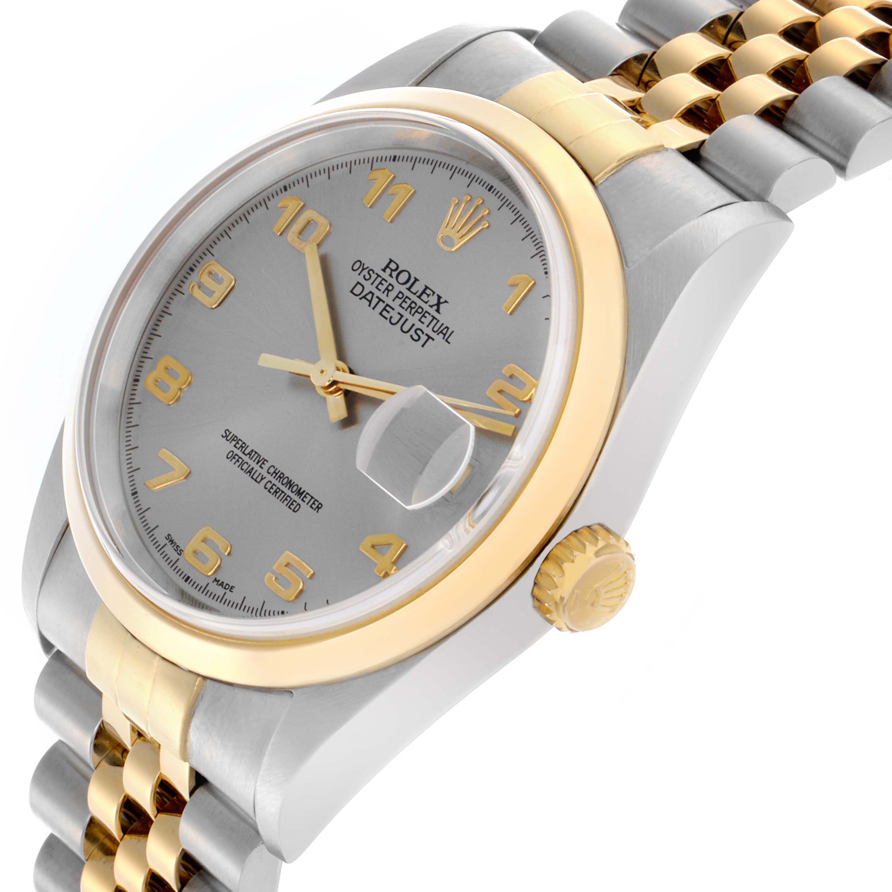 The Rolex Datejust 16203 Men's Steel and Gold (two tone) Grey Dial 16203 Men's Steel and Gold (two tone) Grey Dial watch is shown at an oblique angle, highlighting its bezel, dial, crown, and bracelet.