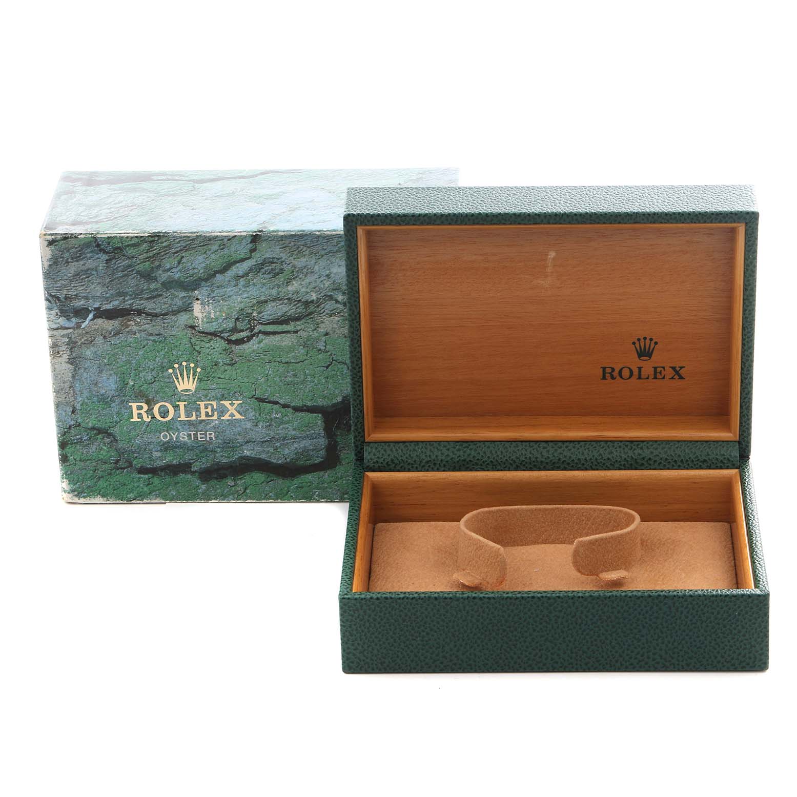 The image shows an open Rolex Datejust 16203 Men's Steel and Gold (two tone) Grey Dial 16203 Men's Steel and Gold (two tone) Grey Dial watch box with a cushion, along with an outer box featuring the Rolex branding.