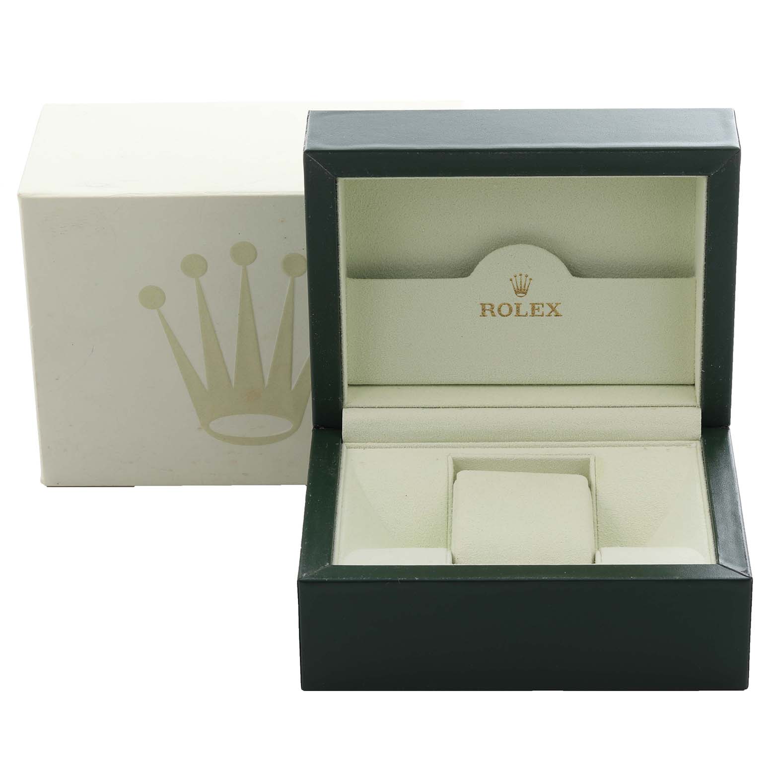 The image shows an open Rolex Datejust 179173 Women's Steel and Gold (two tone) White Dial 179173 Women's Steel and Gold (two tone) White Dial watch box from a frontal view with the logo inside.