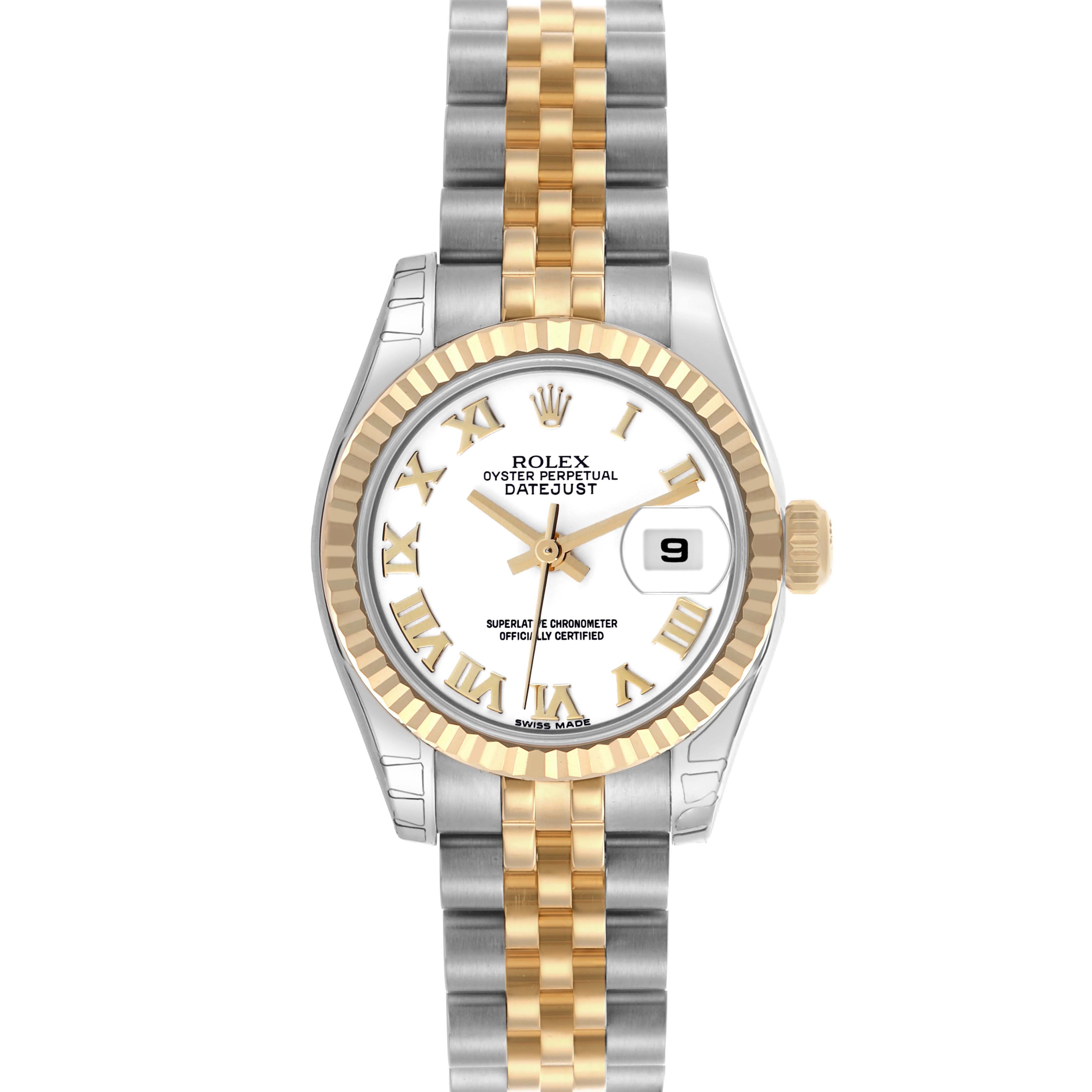 The Rolex Datejust 179173 Women's Steel and Gold (two tone) White Dial 179173 Women's Steel and Gold (two tone) White Dial watch is shown from a front view, featuring the dial, bezel, crown, and two-tone bracelet.
