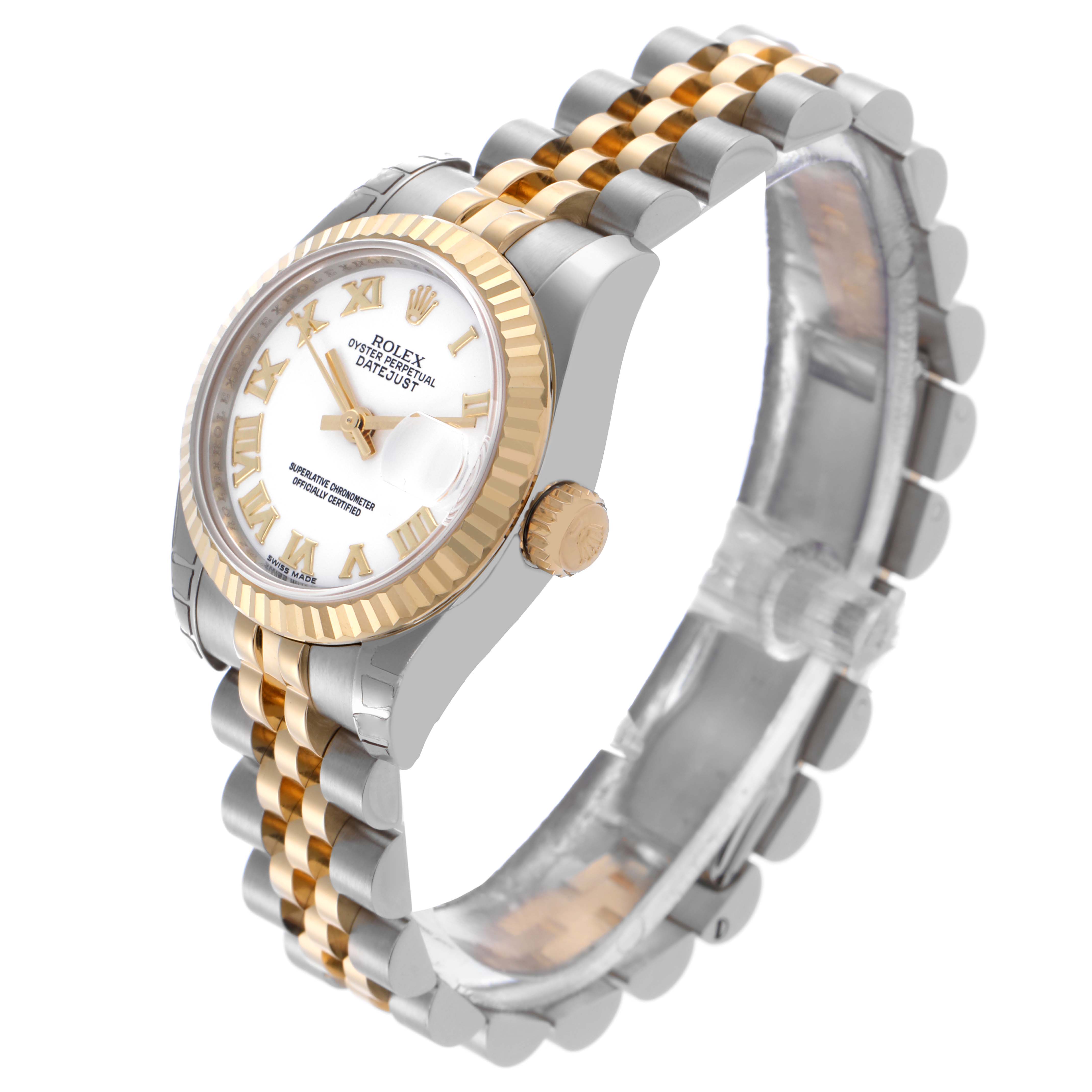 The Rolex Datejust 179173 Women's Steel and Gold (two tone) White Dial 179173 Women's Steel and Gold (two tone) White Dial watch is shown at a three-quarter angle, highlighting the dial, bezel, crown, and two-tone bracelet.