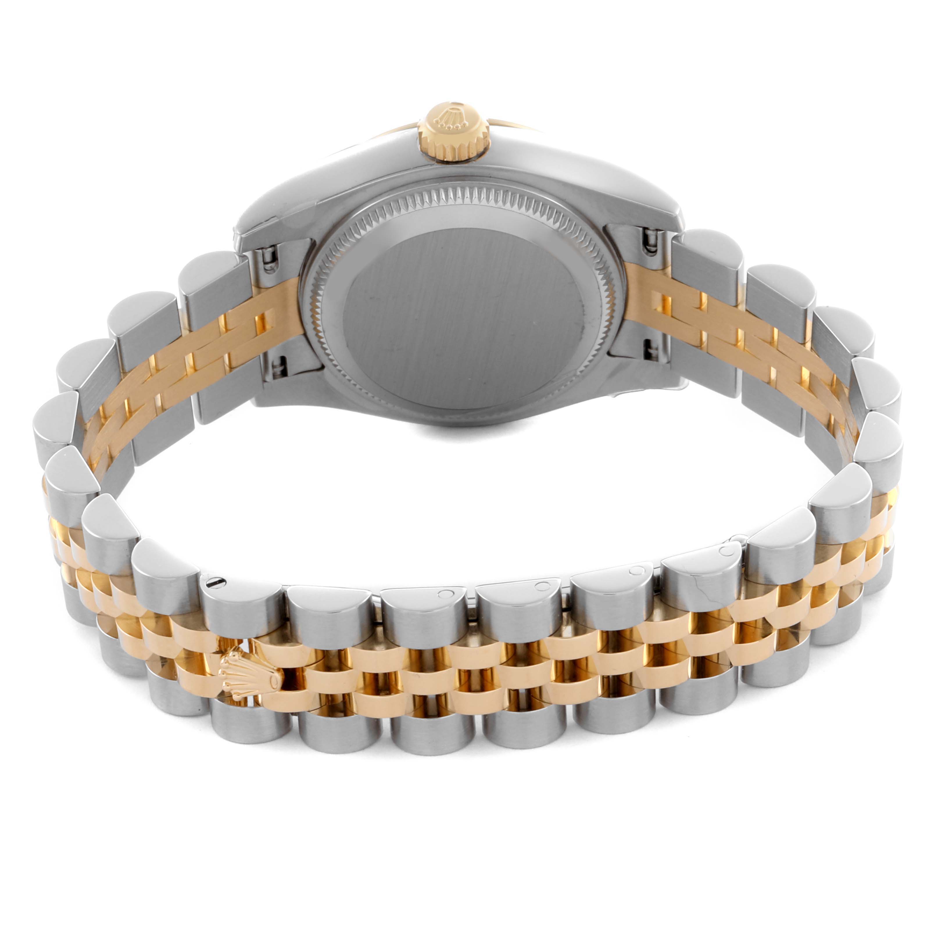 The image shows the back and bracelet of a Rolex Datejust 179173 Women's Steel and Gold (two tone) White Dial 179173 Women's Steel and Gold (two tone) White Dial, featuring a two-tone metal finish and the crown logo.