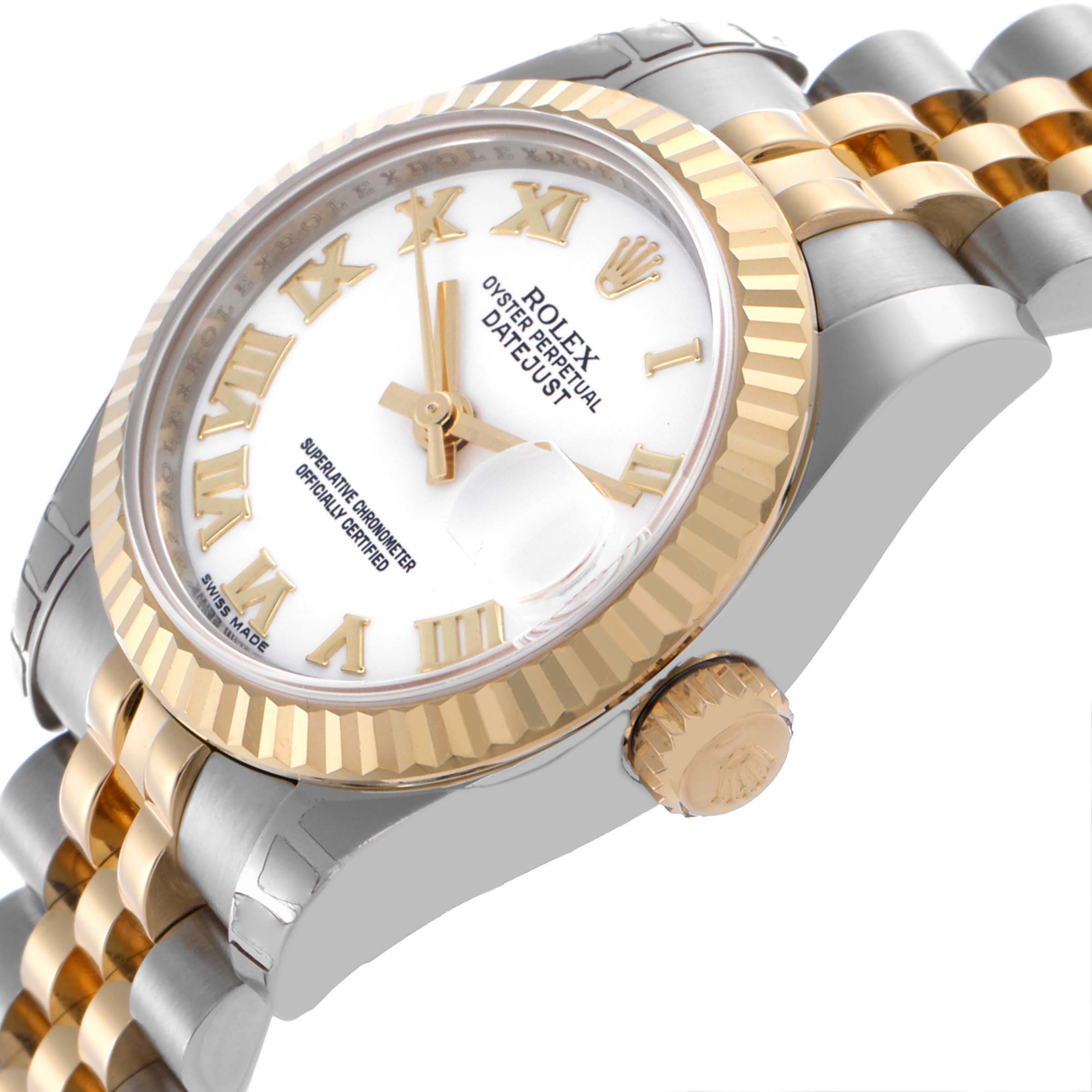 The Rolex Datejust 179173 Women's Steel and Gold (two tone) White Dial 179173 Women's Steel and Gold (two tone) White Dial watch is shown at an angled side view, displaying the bezel, dial, crown, and part of the bracelet.