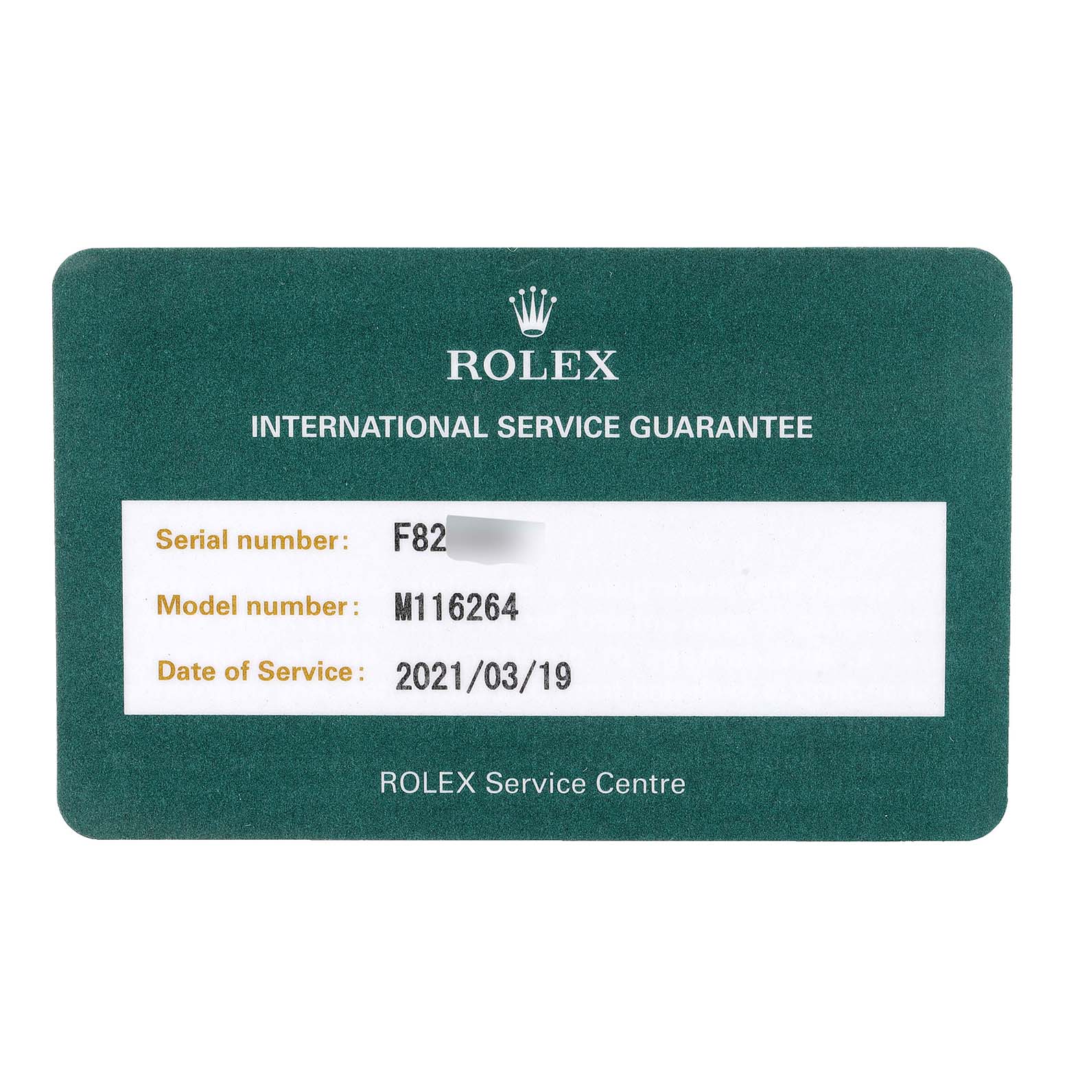 This image shows an international service guarantee card for the Rolex Turn-o-Graph 116264 Men
s Stainless Steel Blue Dial 116264 Men
s Stainless Steel Blue Dial model, with a model number and date of service.