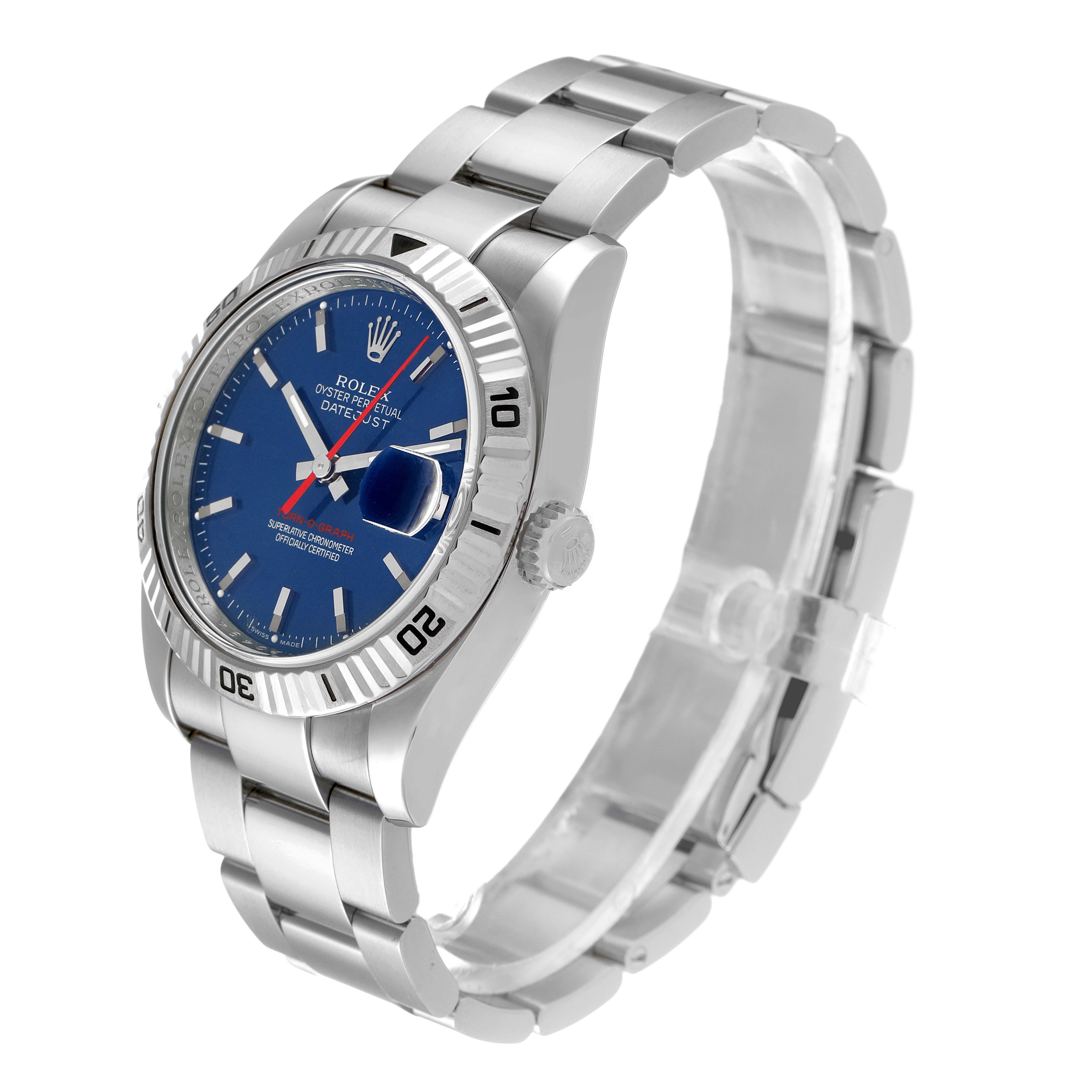 The image shows a Rolex Turn-o-Graph 116264 Men
s Stainless Steel Blue Dial 116264 Men
s Stainless Steel Blue Dial model from a side angle, highlighting its blue dial, bezel, crown, and bracelet.