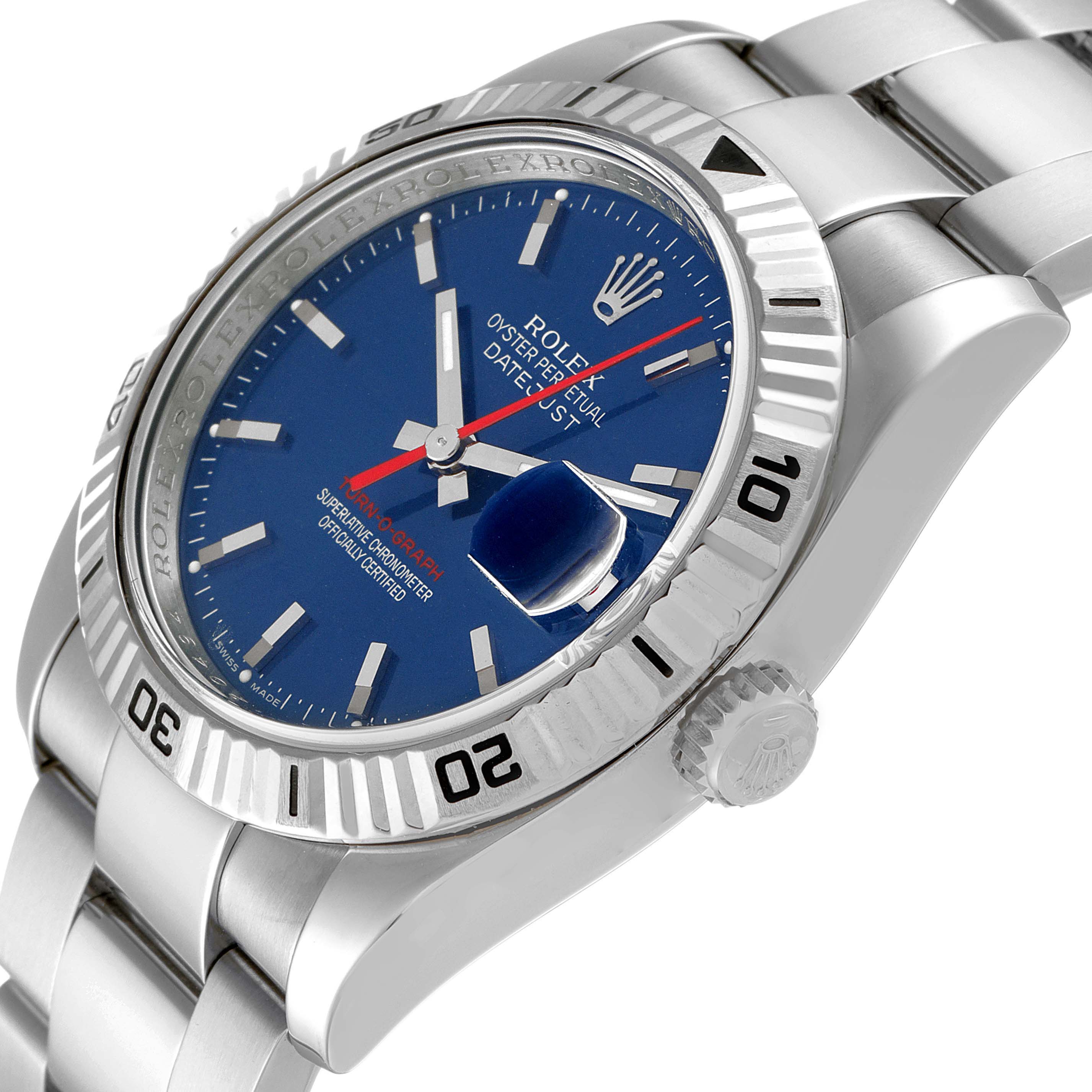 This image shows a Rolex Turn-o-Graph 116264 Men
s Stainless Steel Blue Dial 116264 Men
s Stainless Steel Blue Dial watch at an angled view, highlighting the bezel, dial, hands, bracelet, and crown.