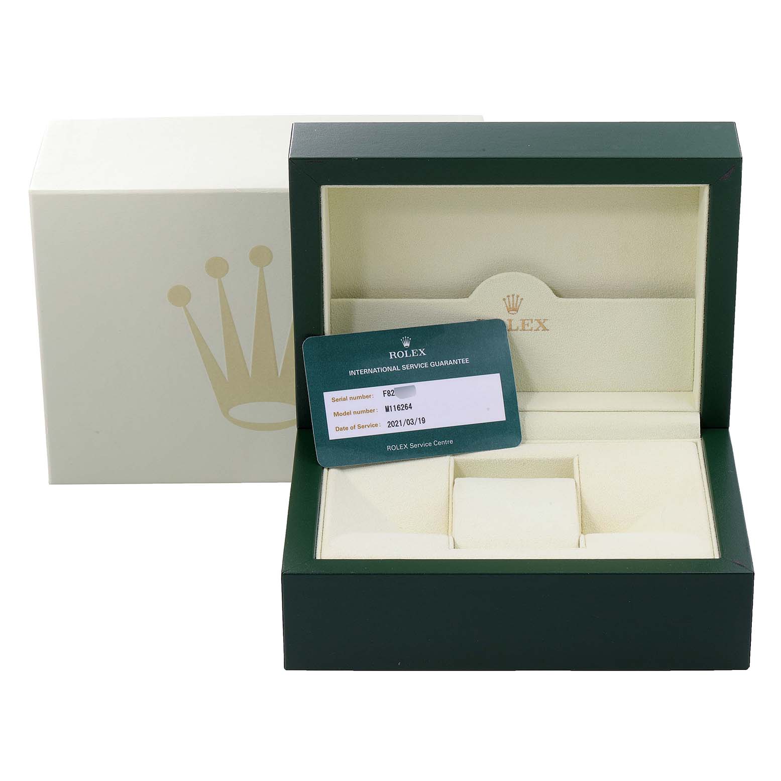 The image shows an open Rolex box for the Turn-o-Graph model, featuring an international service guarantee card.