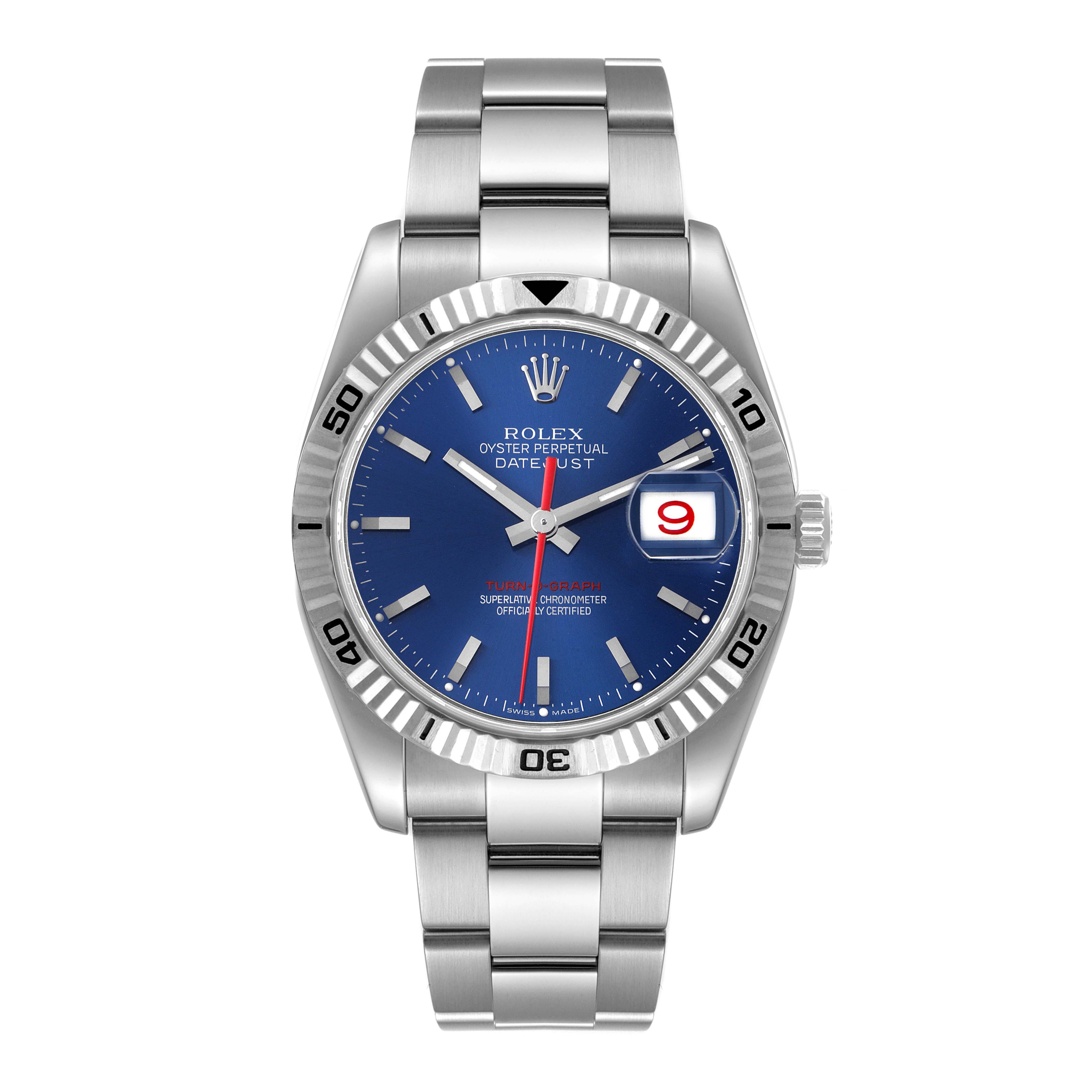This image shows a front view of the Rolex Turn-o-Graph 116264 Men
s Stainless Steel Blue Dial 116264 Men
s Stainless Steel Blue Dial watch, displaying its blue dial, fluted bezel, and stainless steel bracelet.