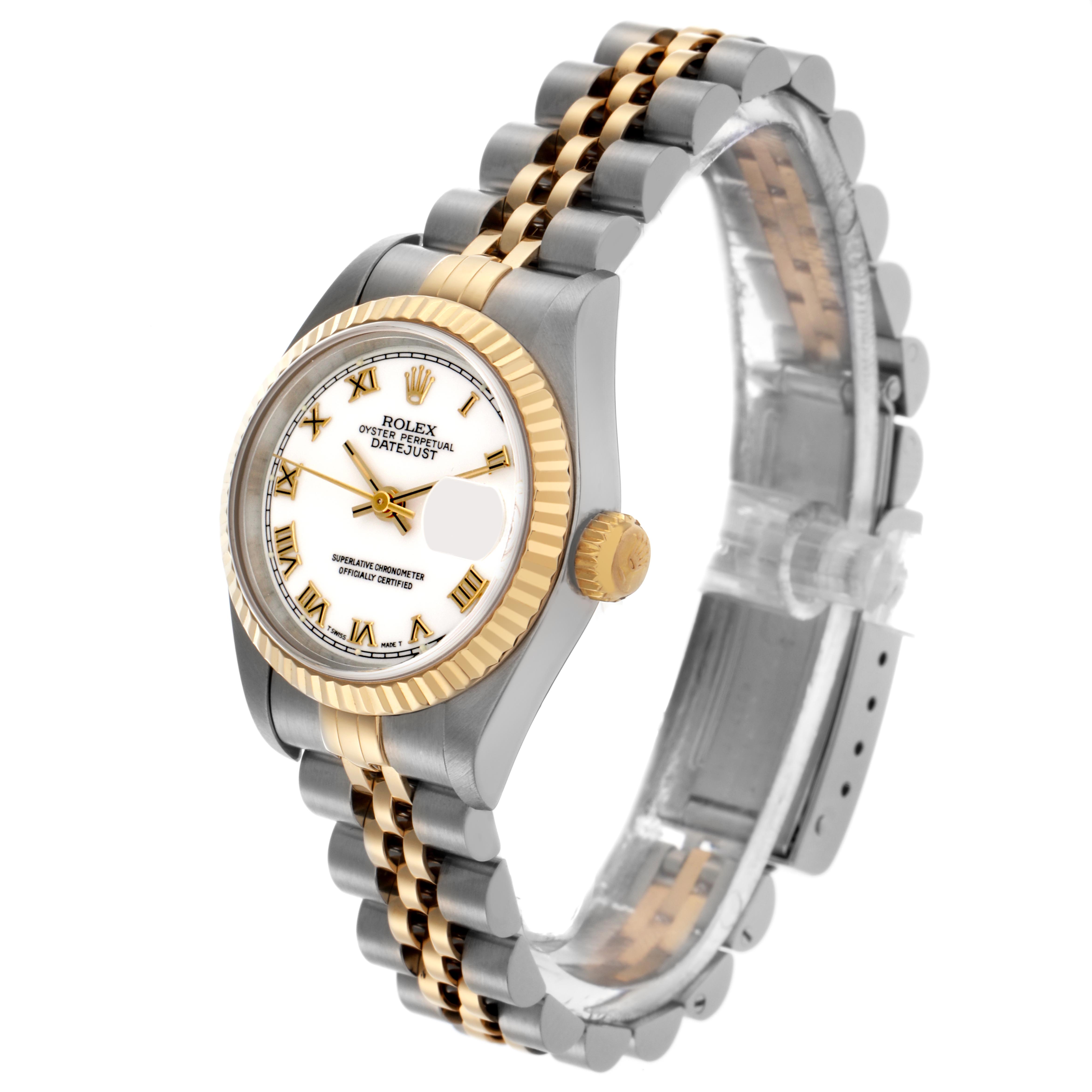 The Rolex Datejust 69173 Women's Steel and Gold (two tone) White Dial 69173 Women's Steel and Gold (two tone) White Dial watch is shown at a slight angle, highlighting the bezel, dial, crown, and two-tone jubilee bracelet.