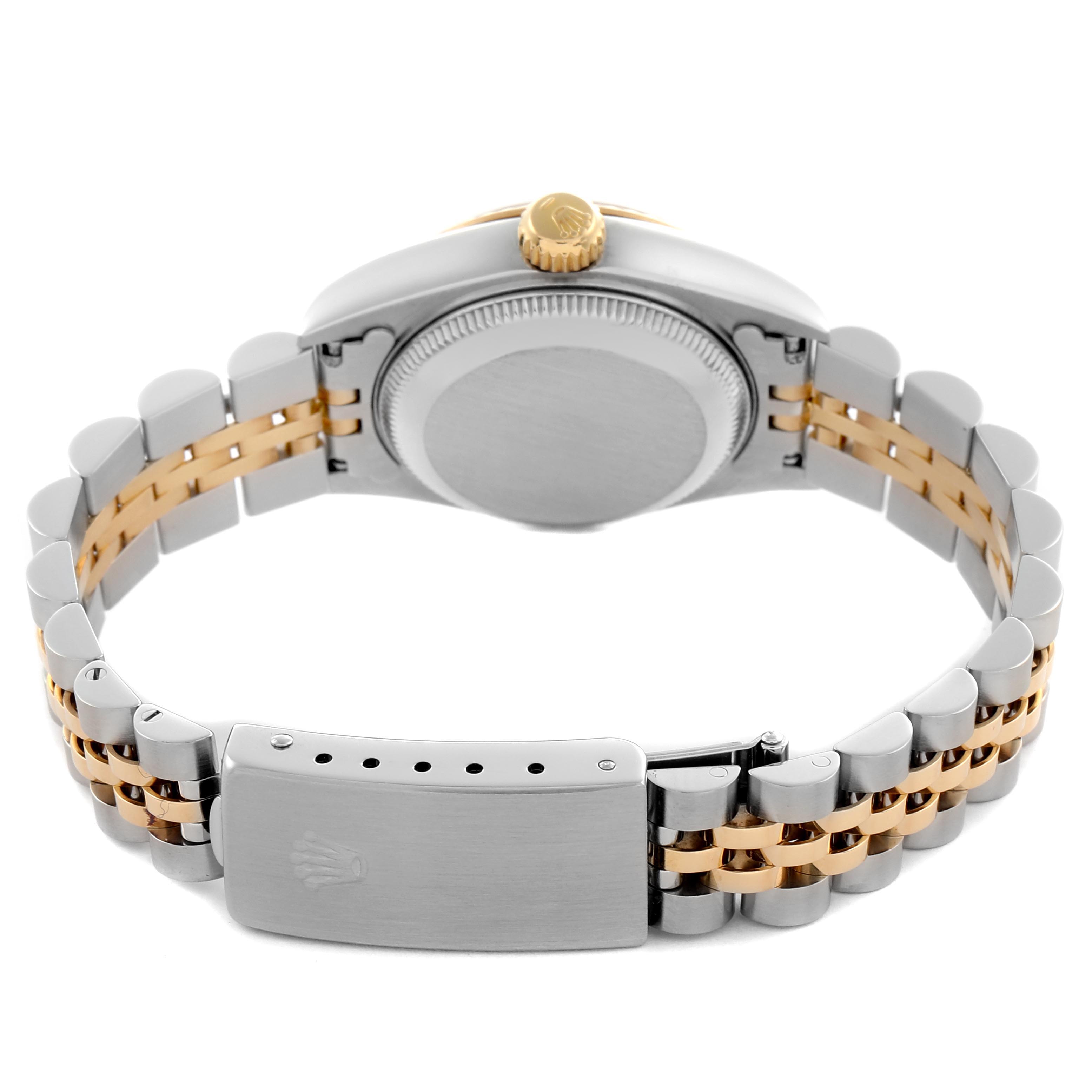 The image shows the back view of a Rolex Datejust 69173 Women's Steel and Gold (two tone) White Dial 69173 Women's Steel and Gold (two tone) White Dial watch, highlighting the bracelet, clasp, and case back.