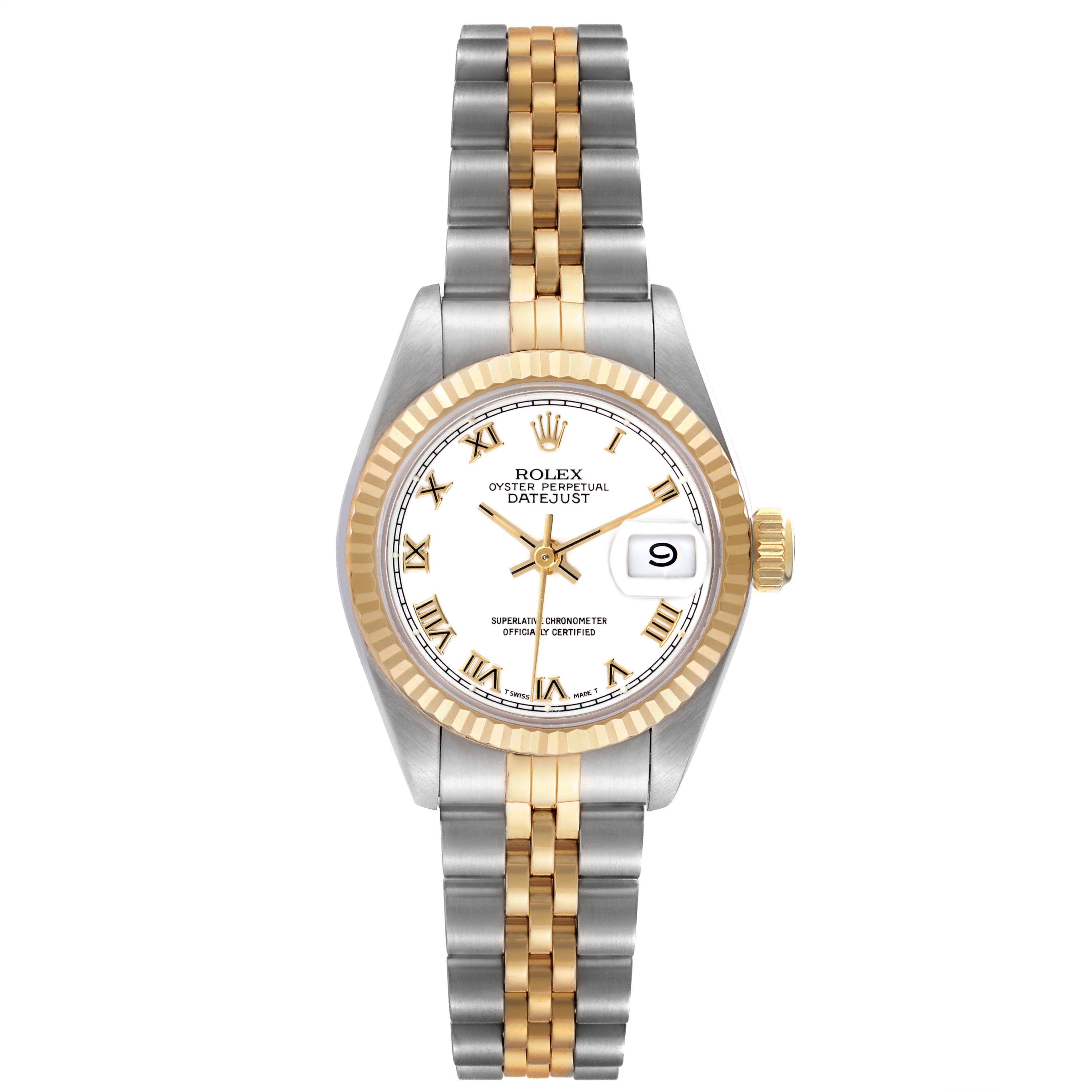 The Rolex Datejust 69173 Women's Steel and Gold (two tone) White Dial 69173 Women's Steel and Gold (two tone) White Dial watch is shown from the front, featuring the dial, bezel, and two-tone bracelet.