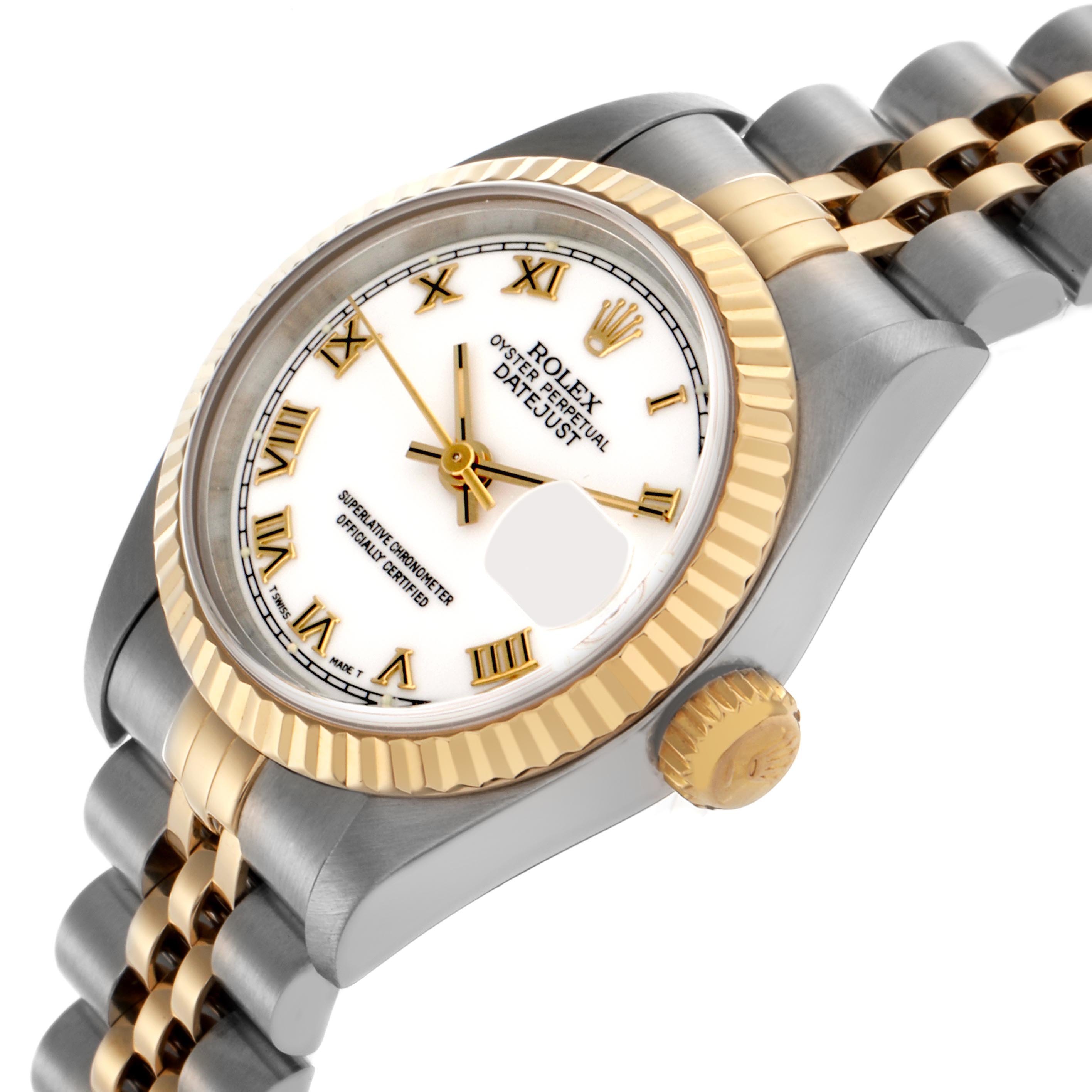 The Rolex Datejust 69173 Women's Steel and Gold (two tone) White Dial 69173 Women's Steel and Gold (two tone) White Dial watch is shown at an angle highlighting the bezel, crown, face, and part of the bracelet.