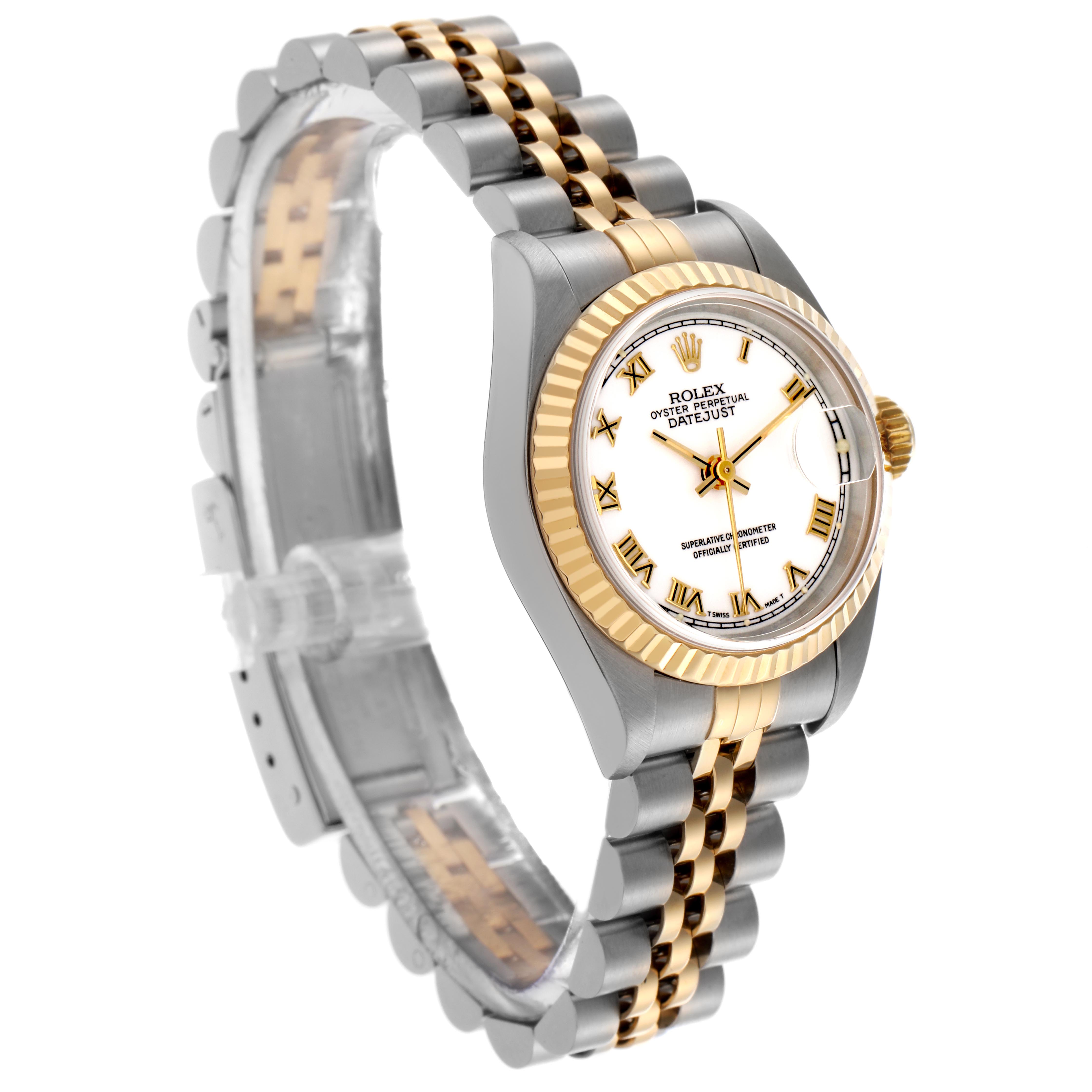The Rolex Datejust 69173 Women's Steel and Gold (two tone) White Dial 69173 Women's Steel and Gold (two tone) White Dial is shown at an angled side view, highlighting its two-tone bracelet, fluted bezel, and Roman numeral dial.