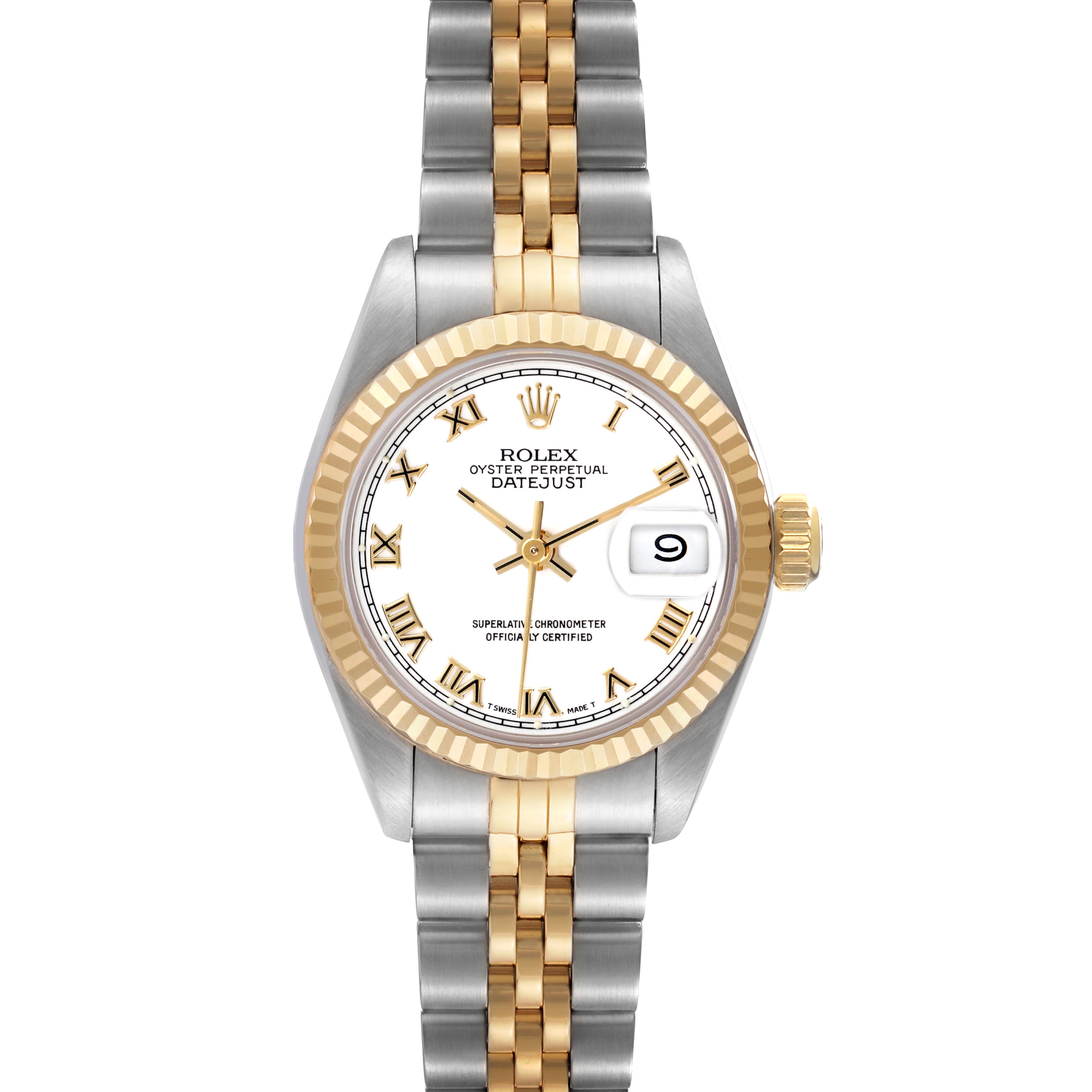 The Rolex Datejust 69173 Women's Steel and Gold (two tone) White Dial 69173 Women's Steel and Gold (two tone) White Dial watch is shown from a top-down view, highlighting its face, fluted bezel, and two-tone Jubilee bracelet.