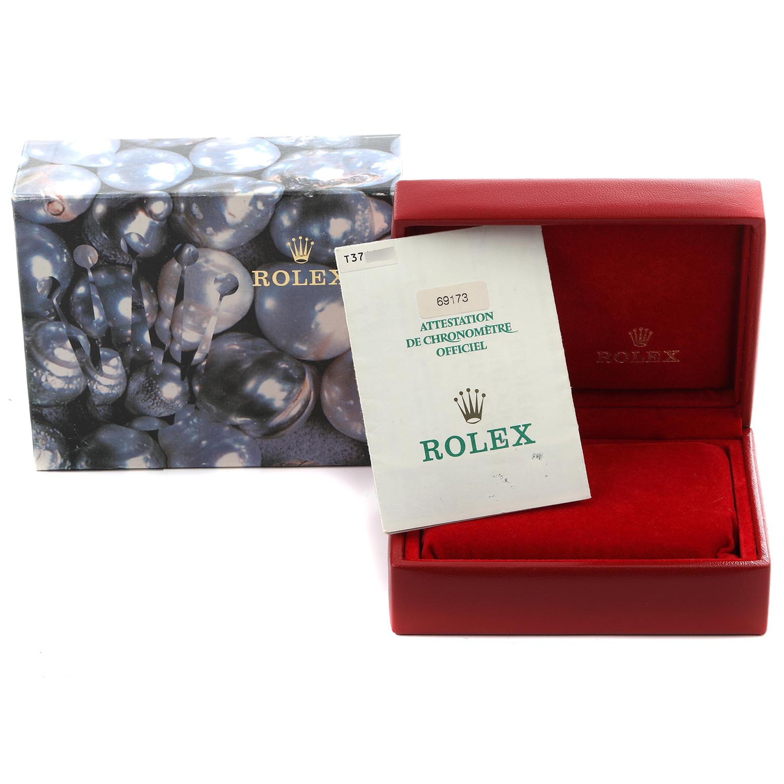 The image shows a Rolex Datejust 69173 Women's Steel and Gold (two tone) White Dial 69173 Women's Steel and Gold (two tone) White Dial watch box, sleeve, and certificate at a front angle.