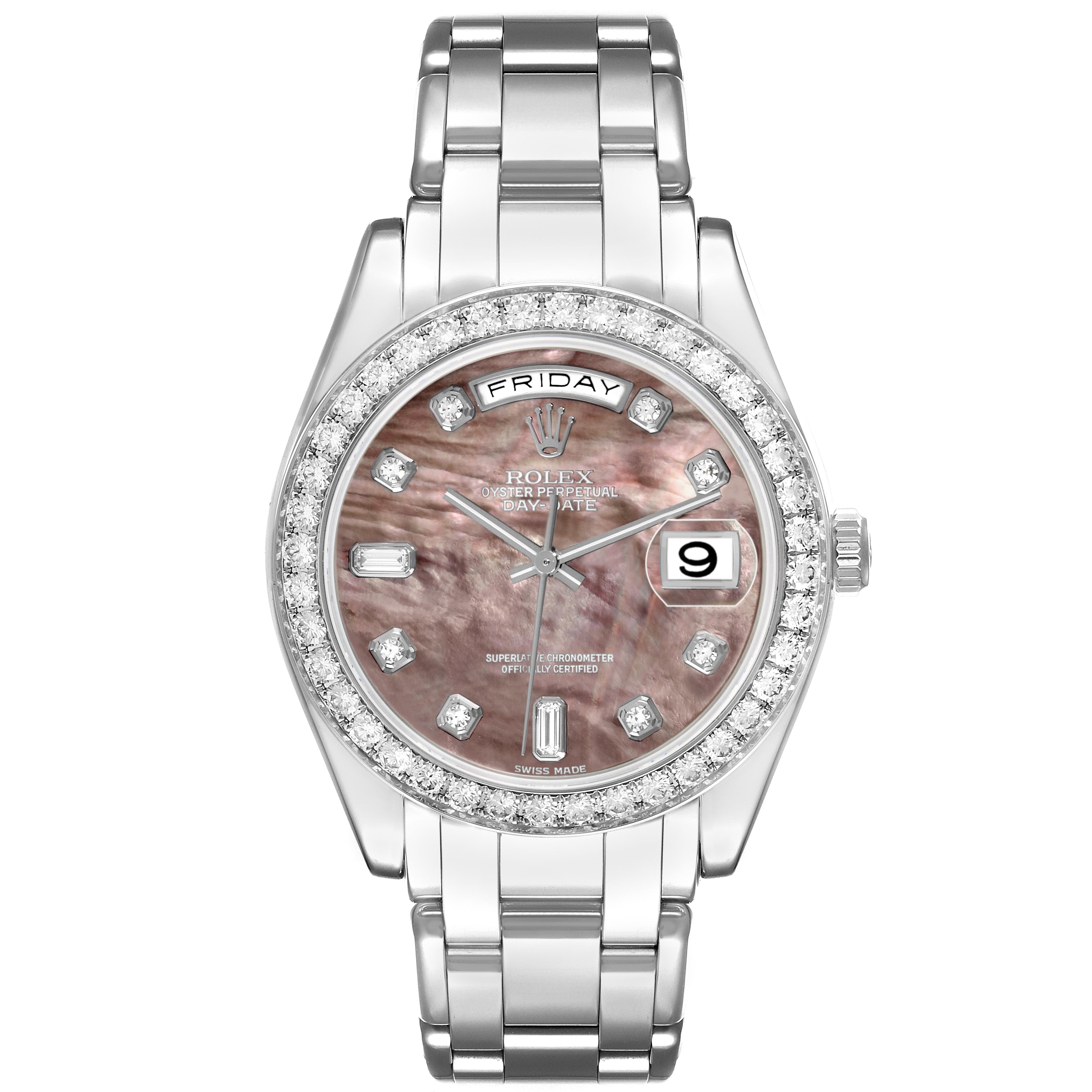 The Rolex Pearlmaster 18946 Men's Platinum Mother of Pearl Dial 18946 Men's Platinum Mother of Pearl Dial watch is shown from the front, displaying the dial, bezel, bracelet, and crown.