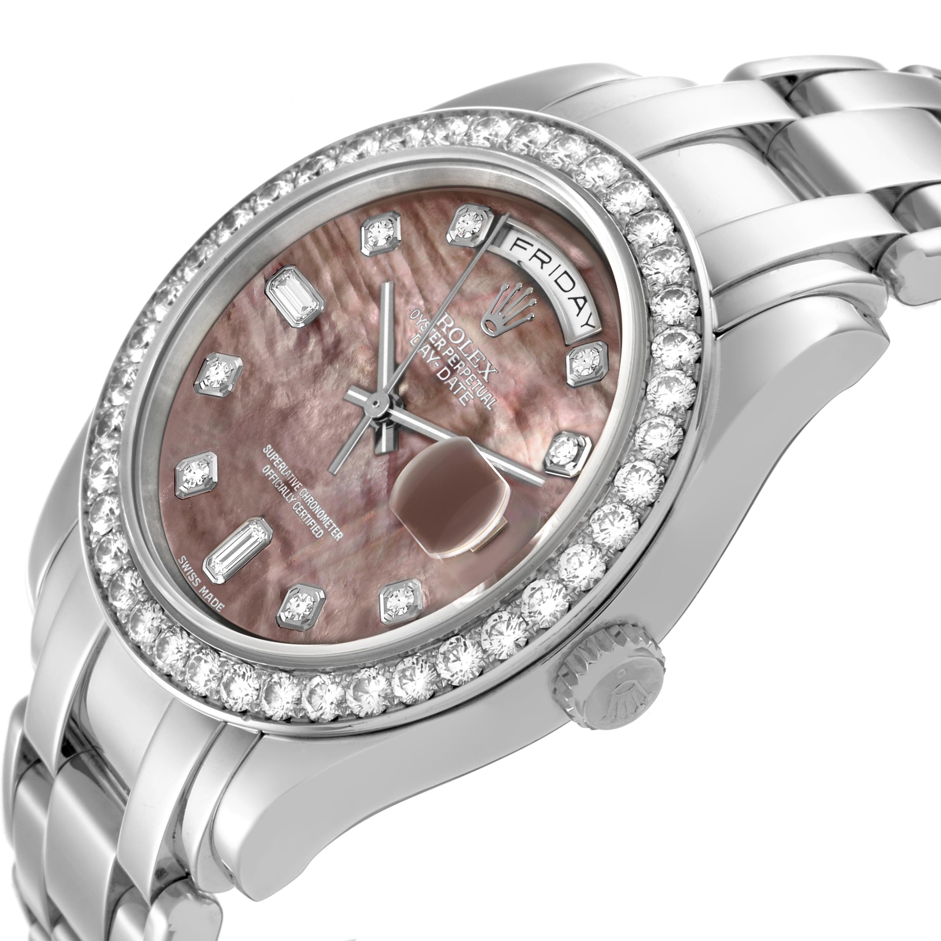 The Rolex Pearlmaster 18946 Men's Platinum Mother of Pearl Dial 18946 Men's Platinum Mother of Pearl Dial watch is shown from a side angle emphasizing its diamond bezel and mother-of-pearl dial.