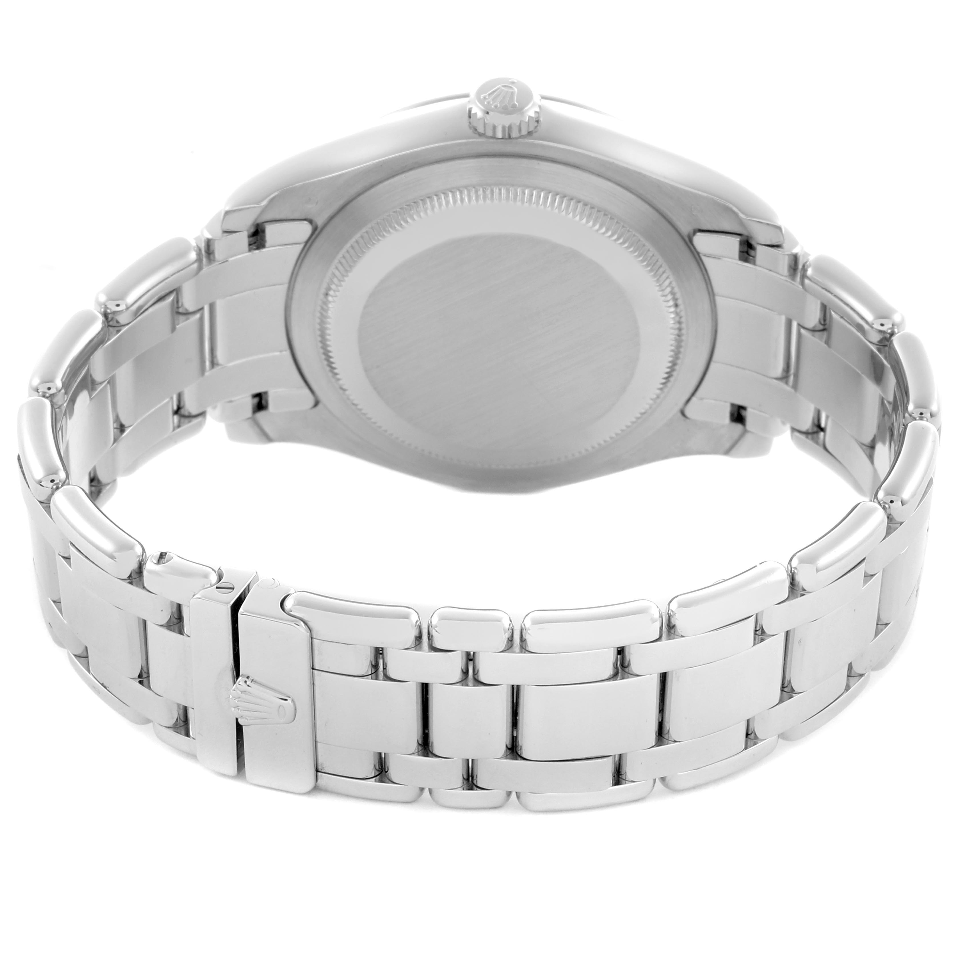 The Rolex Pearlmaster 18946 Men's Platinum Mother of Pearl Dial 18946 Men's Platinum Mother of Pearl Dial watch is shown from the back, highlighting its bracelet, clasp, and case back.