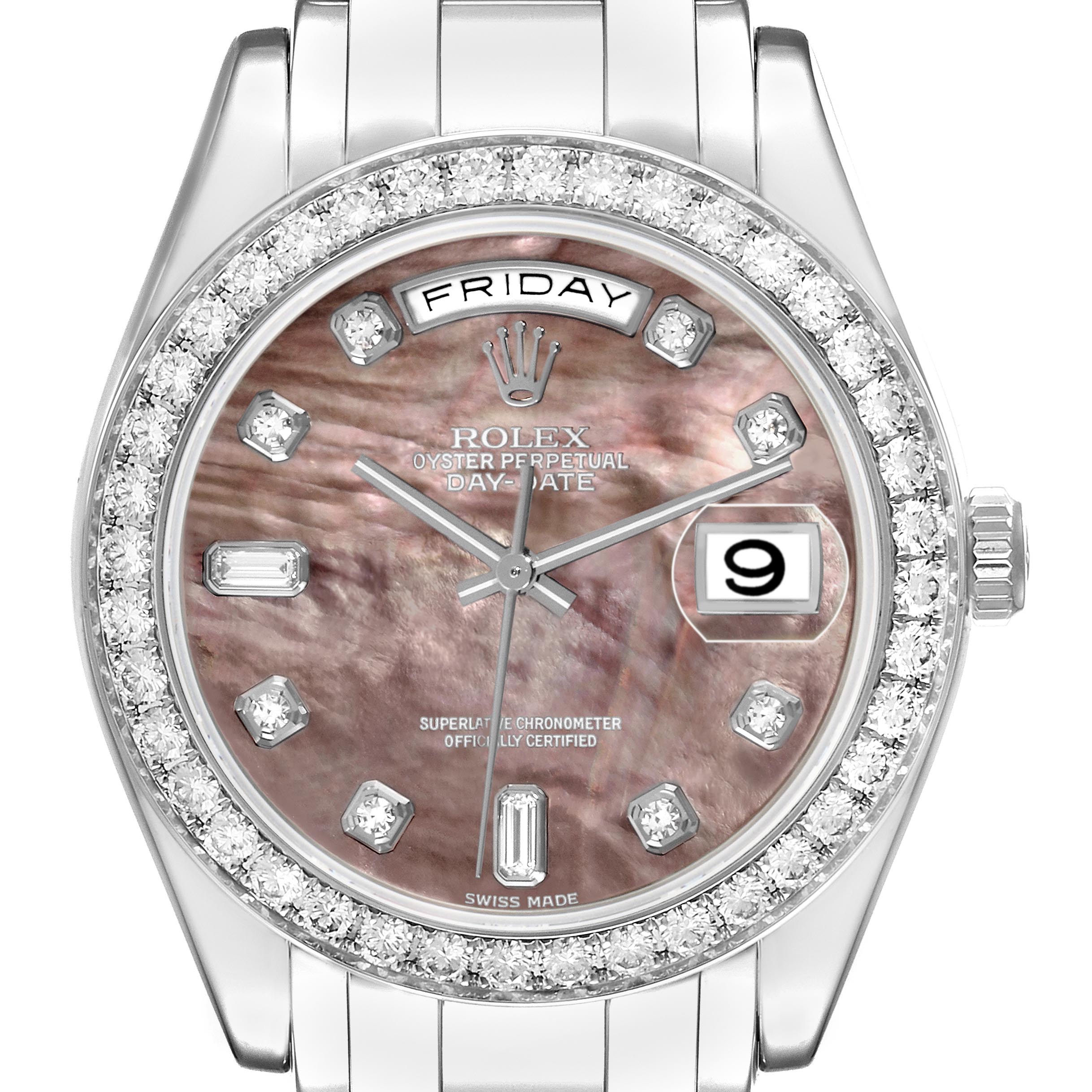 The Rolex Pearlmaster 18946 Men's Platinum Mother of Pearl Dial 18946 Men's Platinum Mother of Pearl Dial watch is shown from the front, displaying the face, bezel, dial, and bracelet links.
