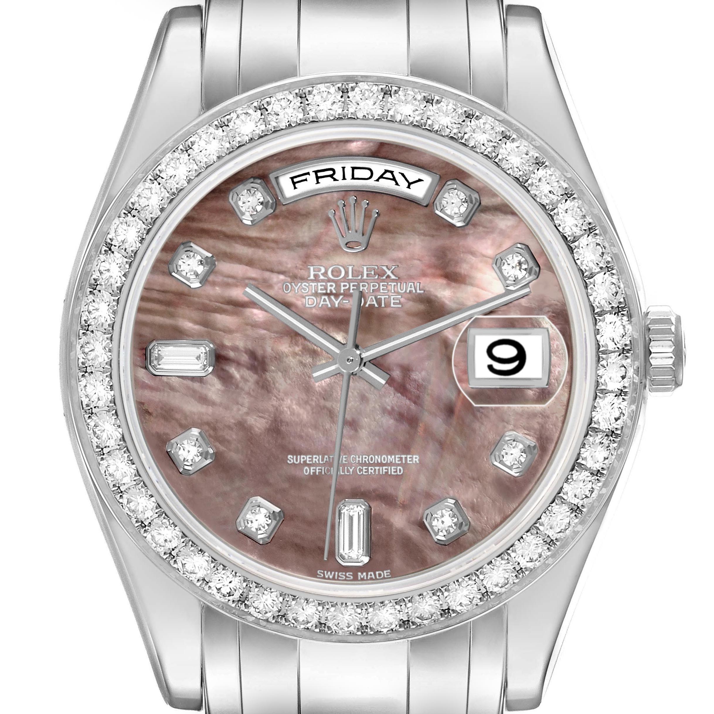 The Rolex Pearlmaster 18946 Men's Platinum Mother of Pearl Dial watch is shown from the front, highlighting its mother-of-pearl dial, diamond markers, and bezel.