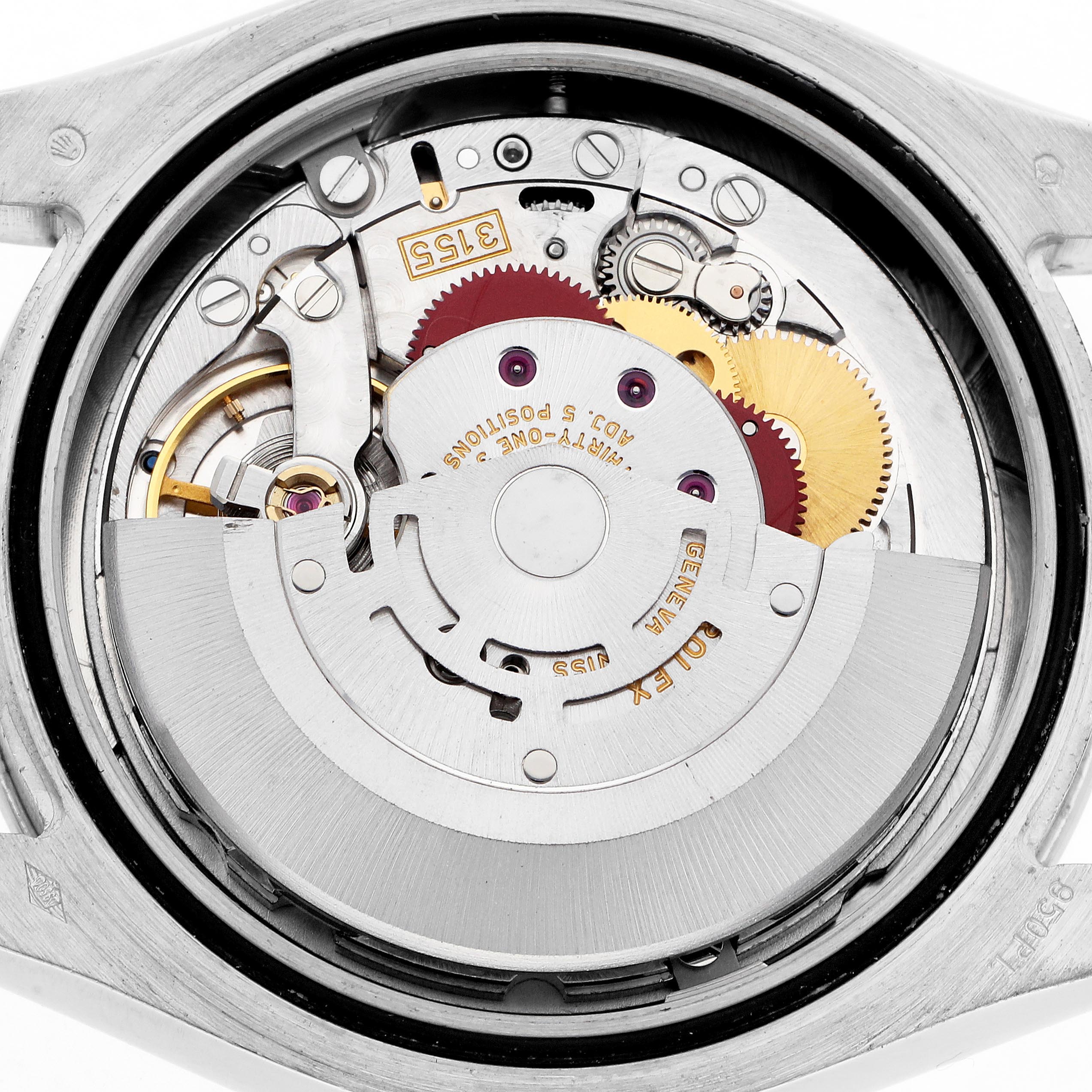 The image shows the internal mechanism of a Rolex Pearlmaster 18946 Men's Platinum Mother of Pearl Dial 18946 Men's Platinum Mother of Pearl Dial watch, viewed from the back, displaying gears and movement components.
