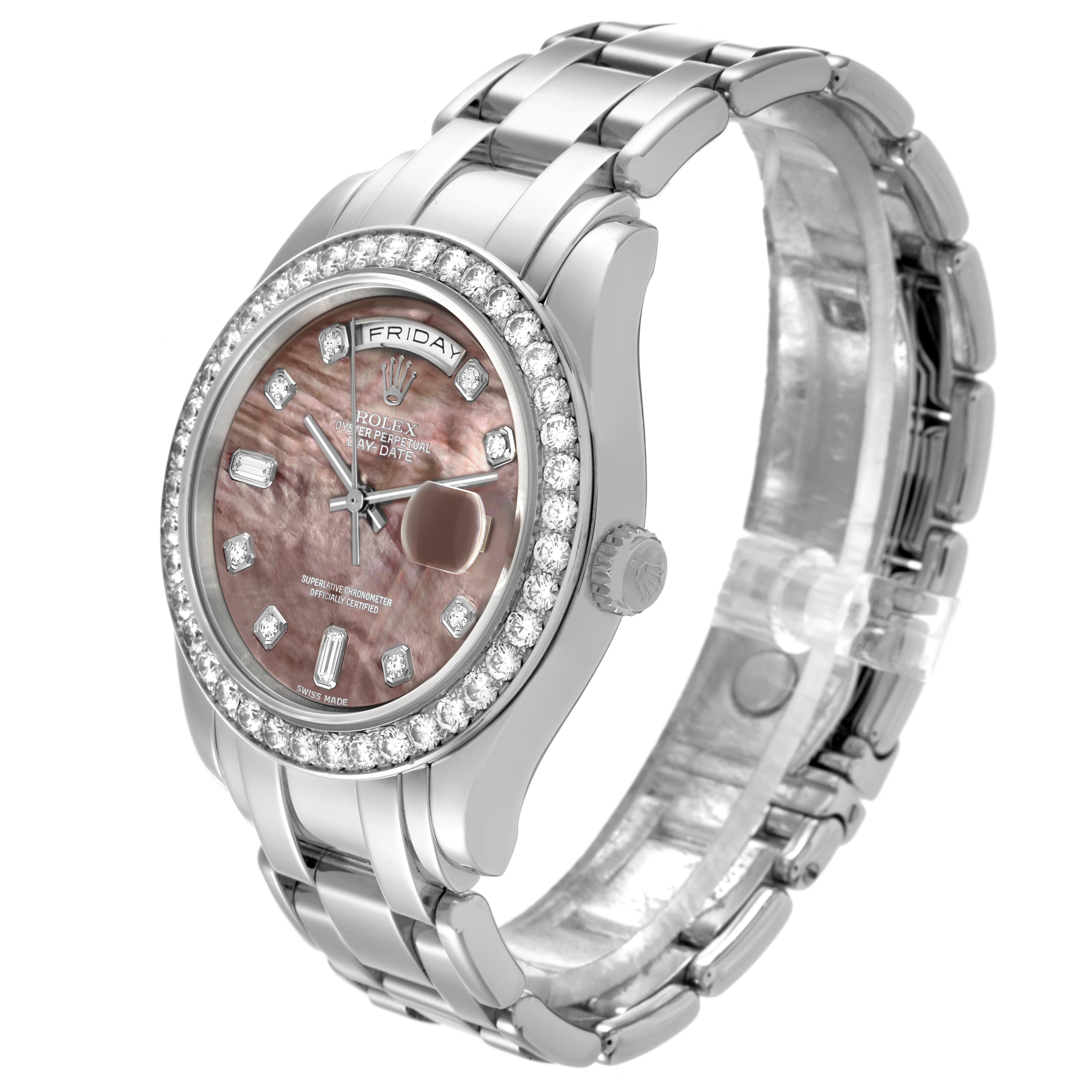 The Rolex Pearlmaster 18946 Men's Platinum Mother of Pearl Dial 18946 Men's Platinum Mother of Pearl Dial watch is shown at a three-quarter angle, highlighting the bracelet, bezel, dial, and crown.