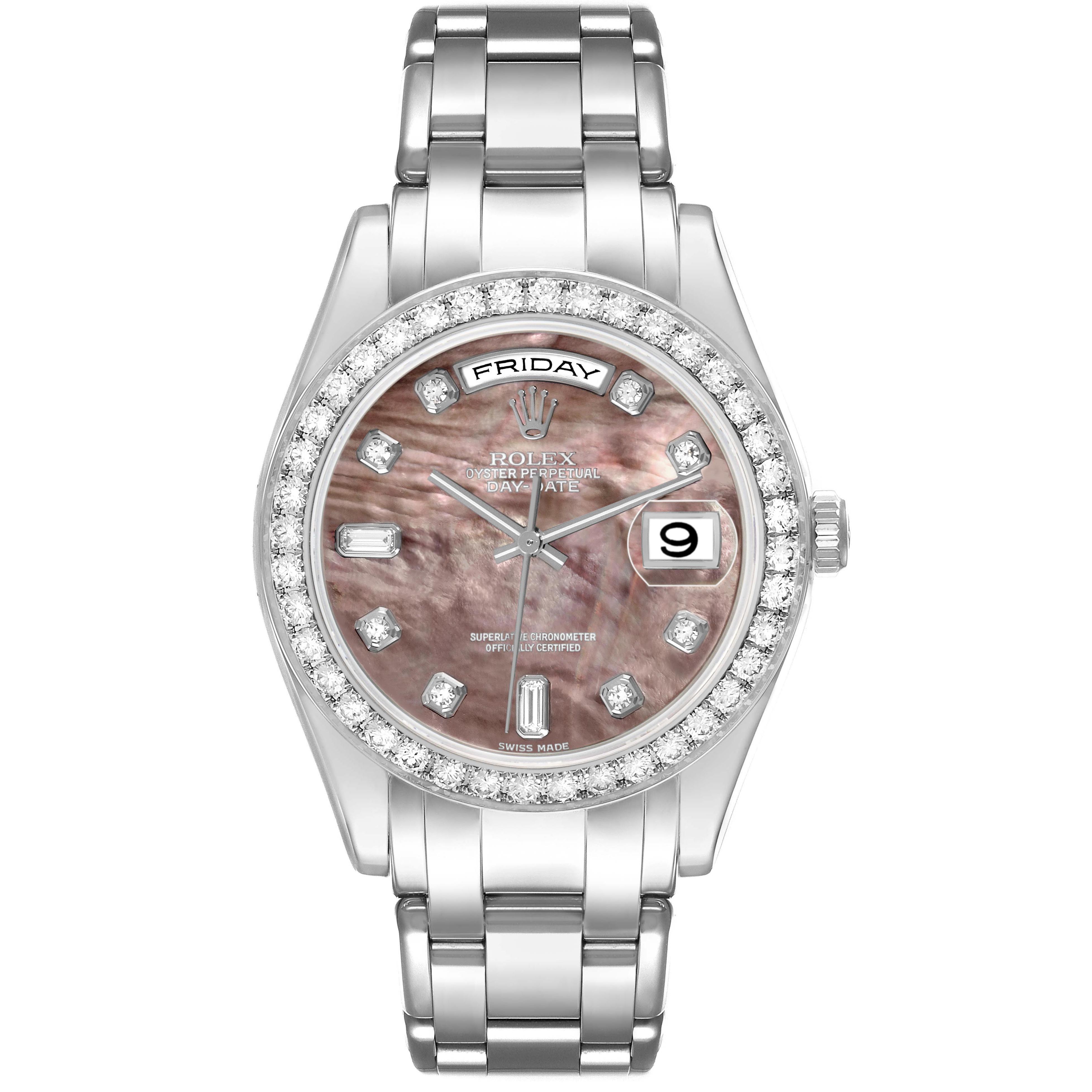 The Rolex Pearlmaster 18946 Men's Platinum Mother of Pearl Dial watch is shown from a top view, displaying the face, bezel, and part of the bracelet.