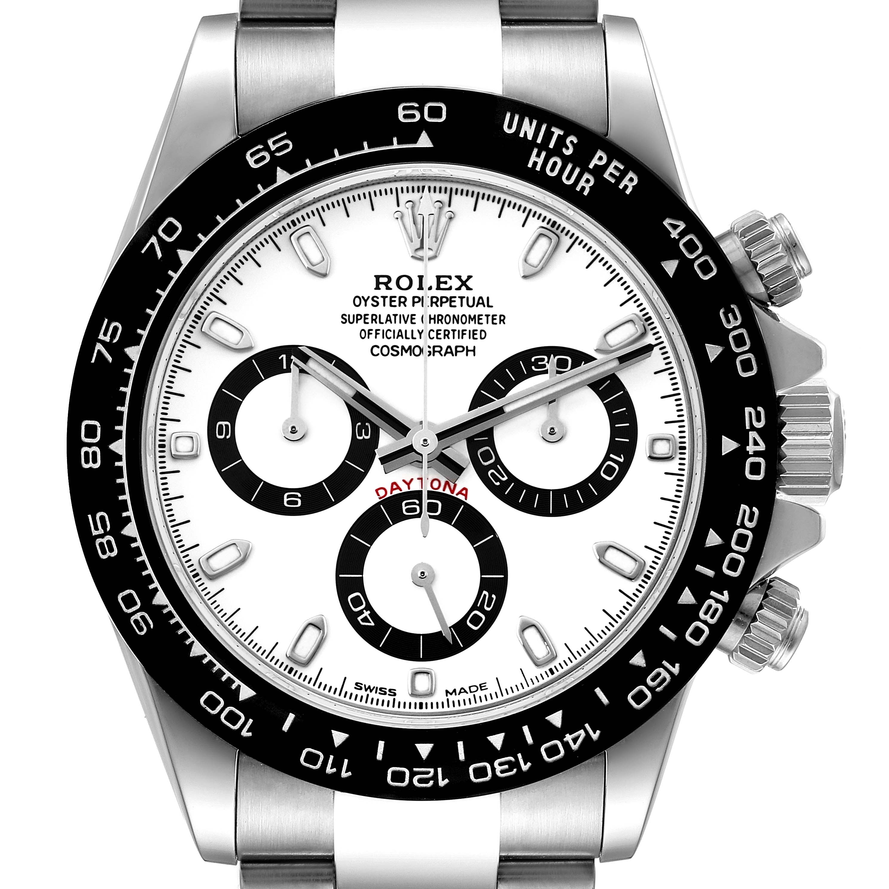 This image shows a front view of a Rolex Daytona 116500 Men
s Stainless Steel White Dial 116500 Men
s Stainless Steel White Dial watch, highlighting the dial, bezel, and chronograph sub-dials.