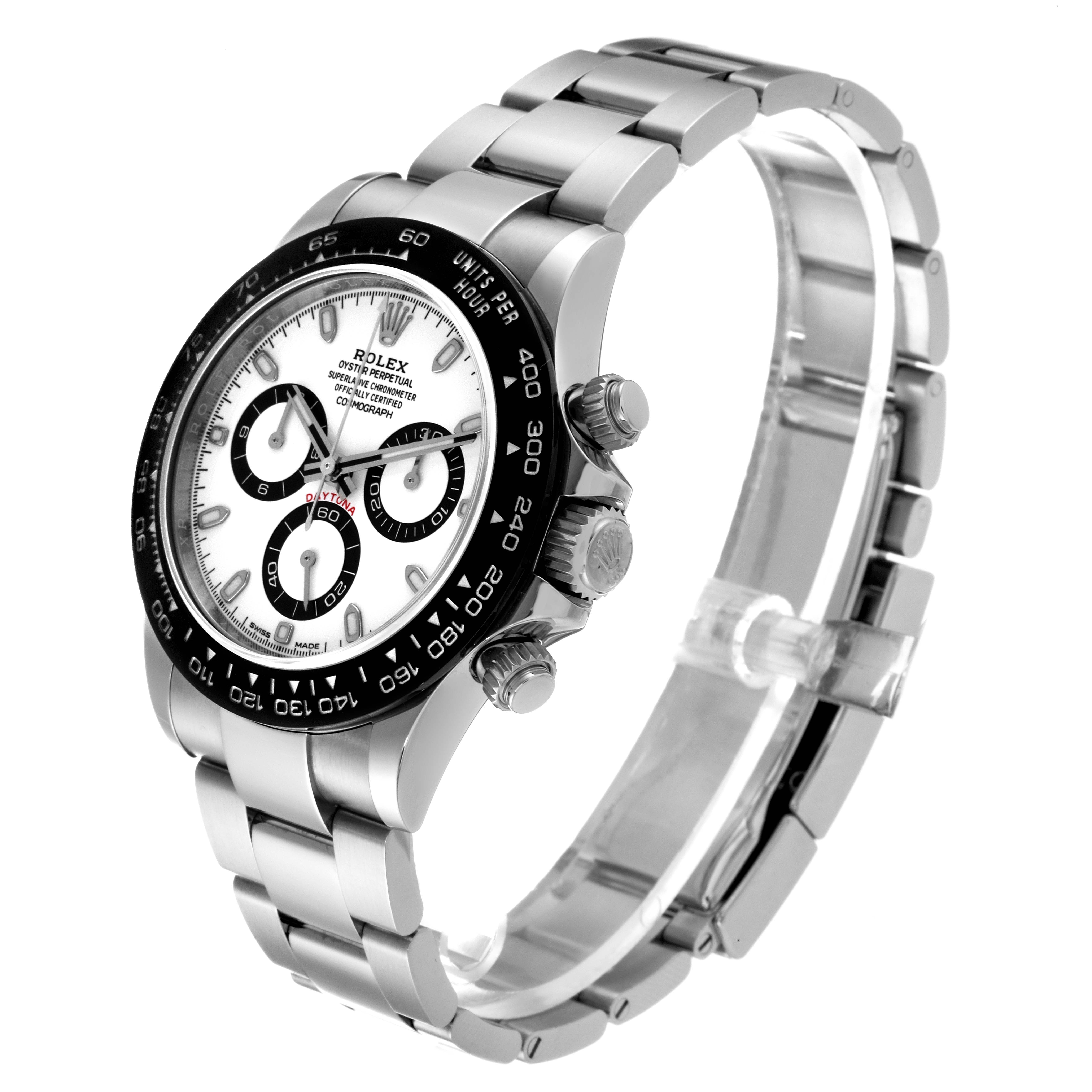 The Rolex Daytona 116500 Men
s Stainless Steel White Dial 116500 Men
s Stainless Steel White Dial watch is shown at an oblique angle, highlighting the face, bezel, crown, and metal bracelet.