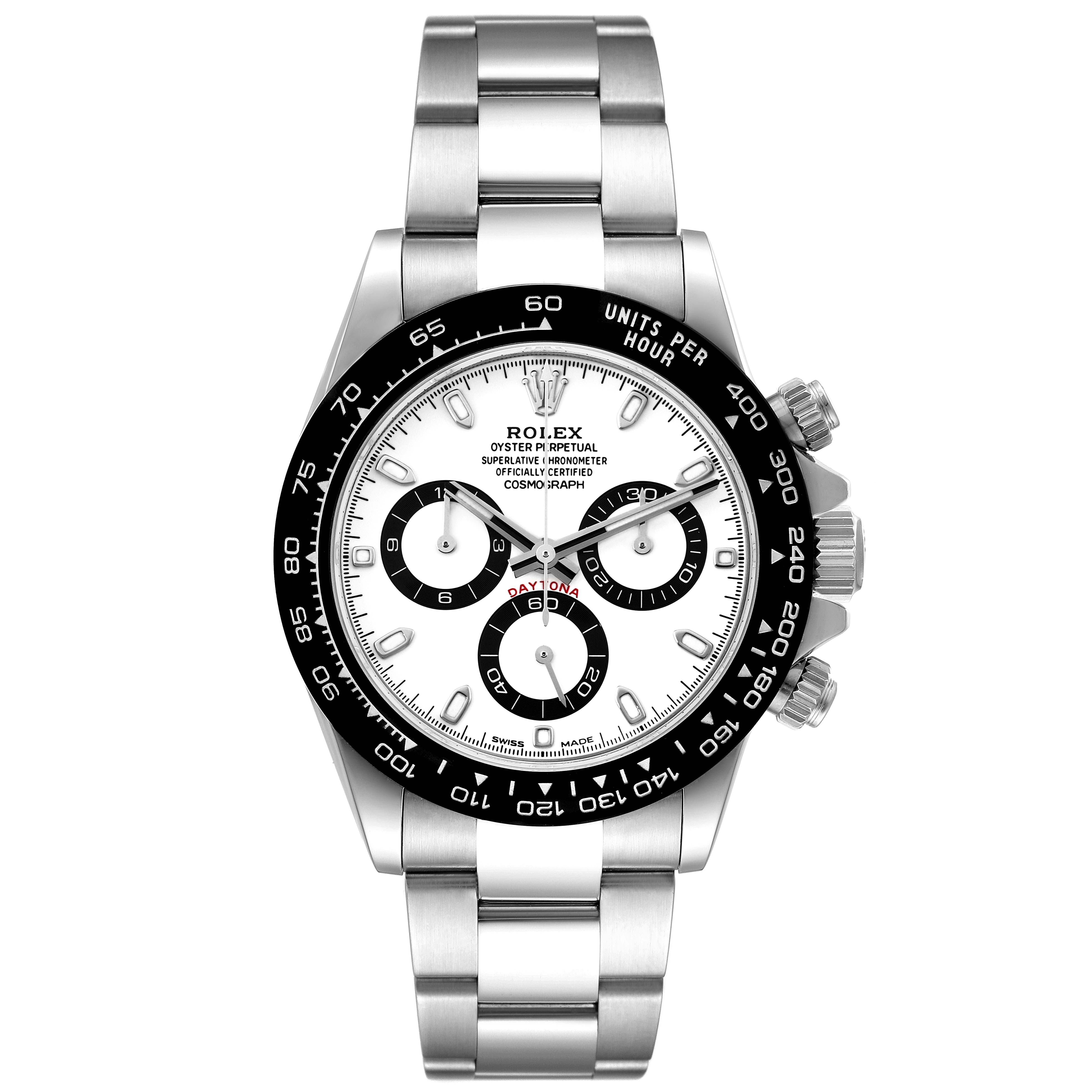 The image shows a front view of a Rolex Daytona 116500 Men
s Stainless Steel White Dial 116500 Men
s Stainless Steel White Dial watch featuring its dial, bezel, crown, and bracelet.