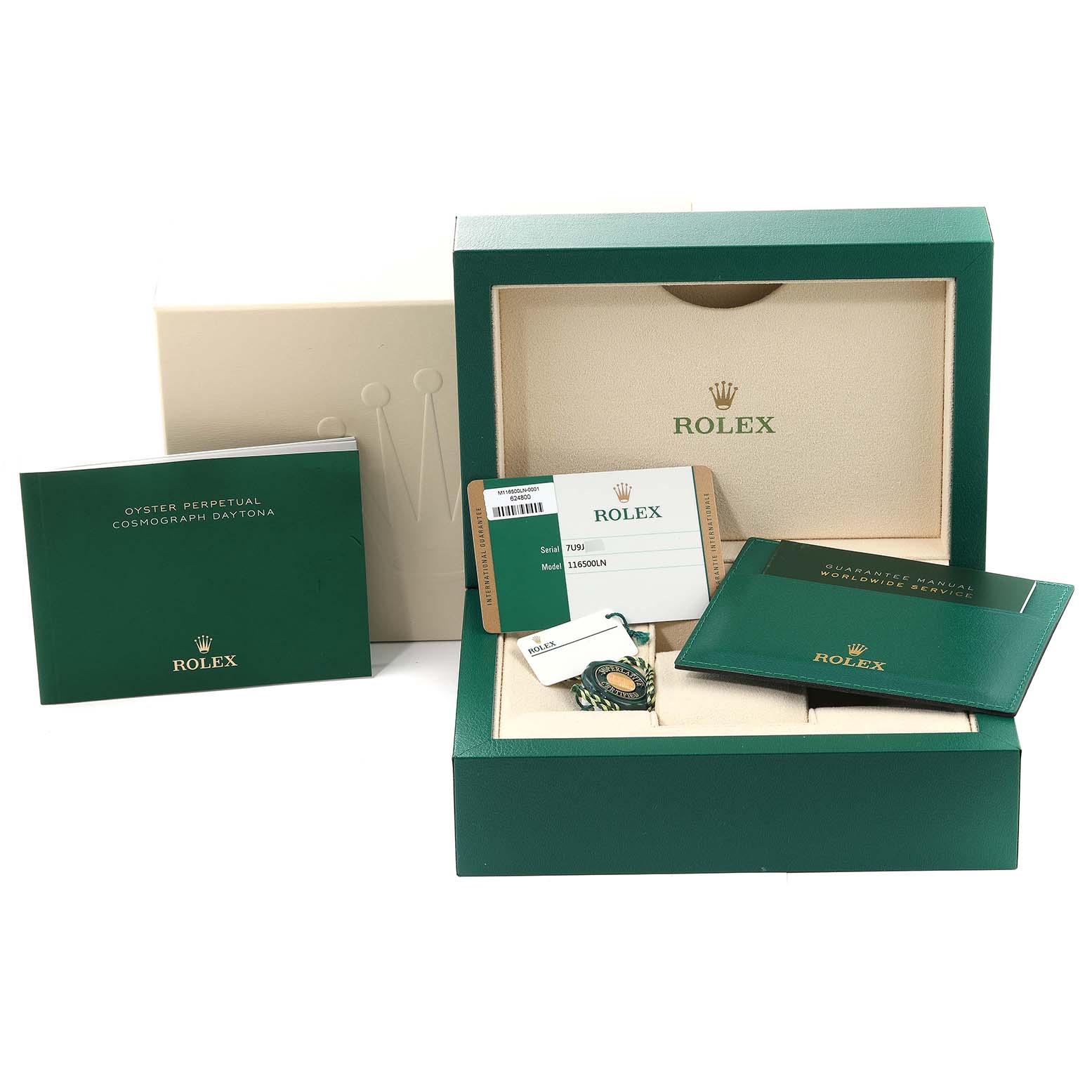 This image shows the packaging, manuals, warranty card, and accessories for the Rolex Daytona 116500 Men
s Stainless Steel White Dial 116500 Men
s Stainless Steel White Dial watch model.