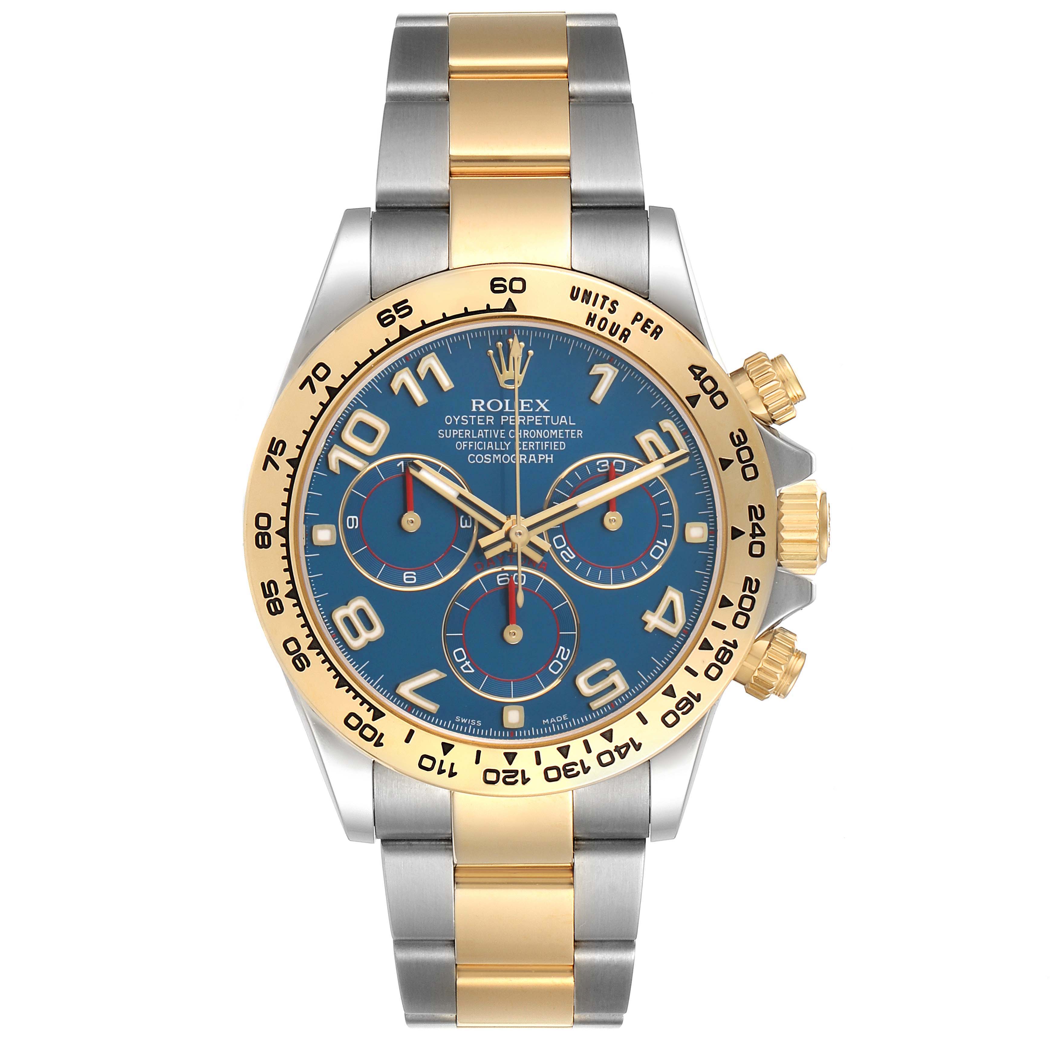 The Rolex Daytona 116503 Men's Steel and Gold (two tone) Blue Dial watch is shown from the front, highlighting its face, gold and stainless steel bracelet, and side buttons.