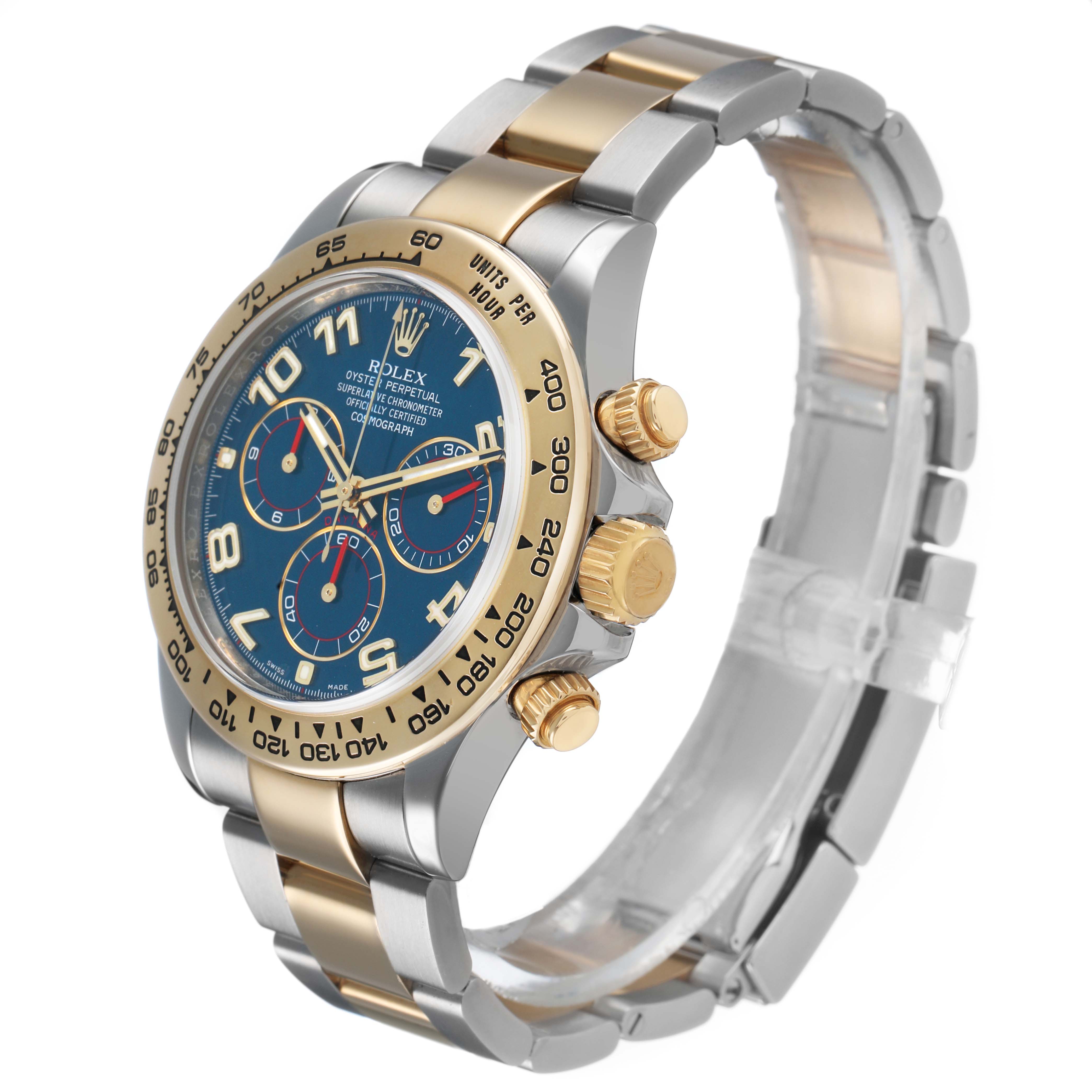 The Rolex Daytona 116503 Men's Steel and Gold (two tone) Blue Dial watch is shown at a three-quarter angle, highlighting the dial, bezel, crown, and part of the bracelet.