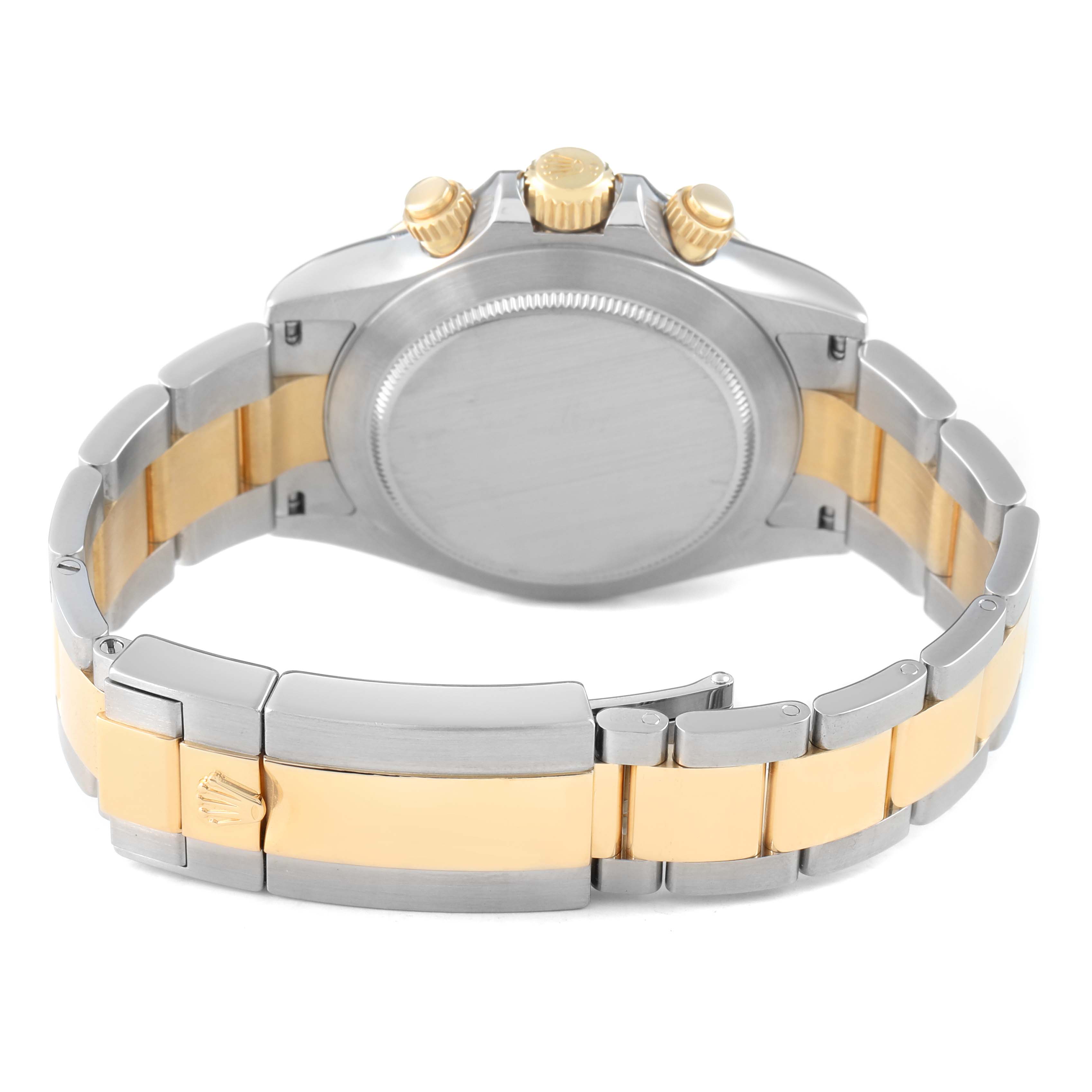 The image shows the back view of the Rolex Daytona 116503 Men's Steel and Gold (two tone) Blue Dial, focusing on the case, crown, pushers, and two-tone bracelet.