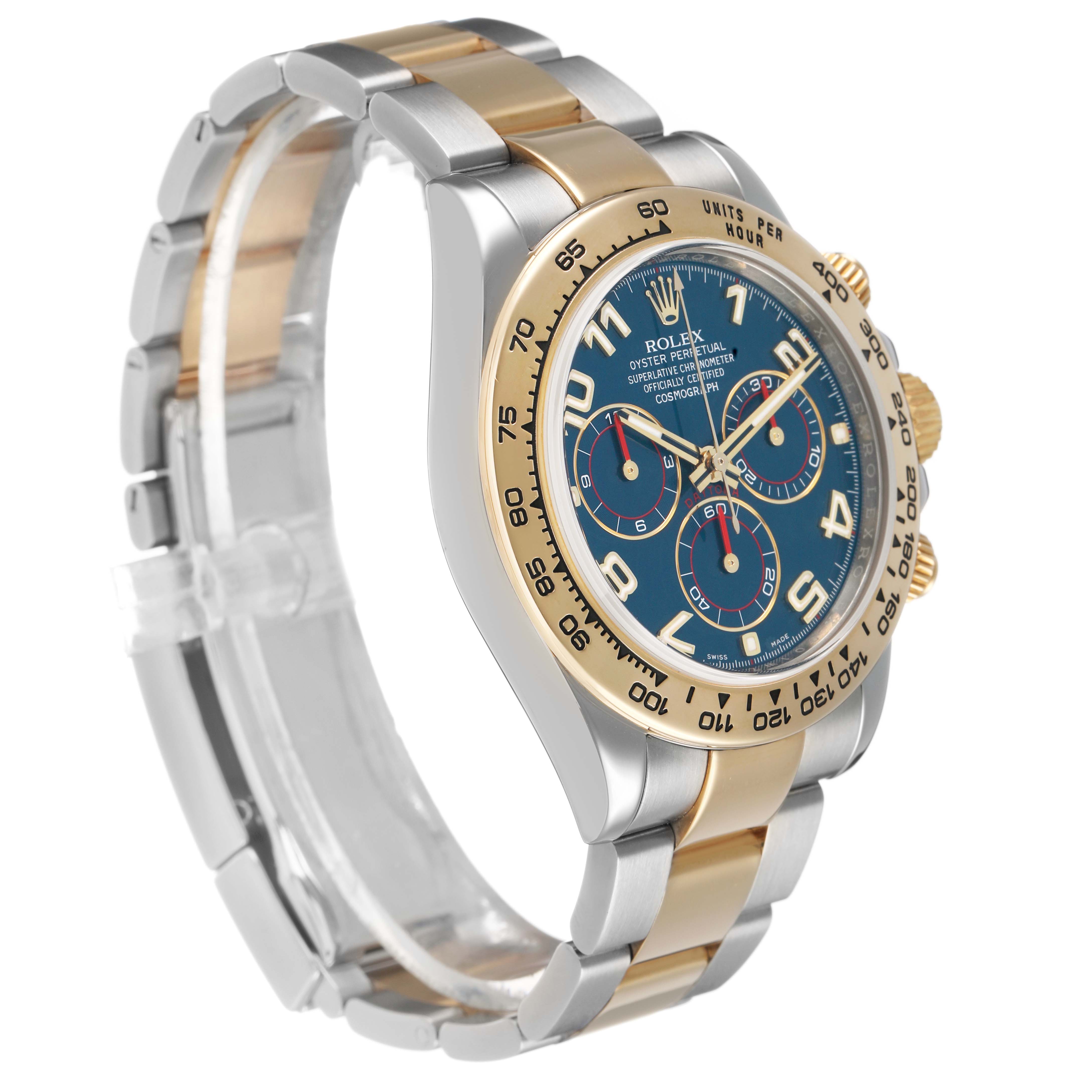 The Rolex Daytona 116503 Men's Steel and Gold (two tone) Blue Dial is shown at a three-quarter angle, highlighting the face, bezel, crown, and two-tone bracelet.