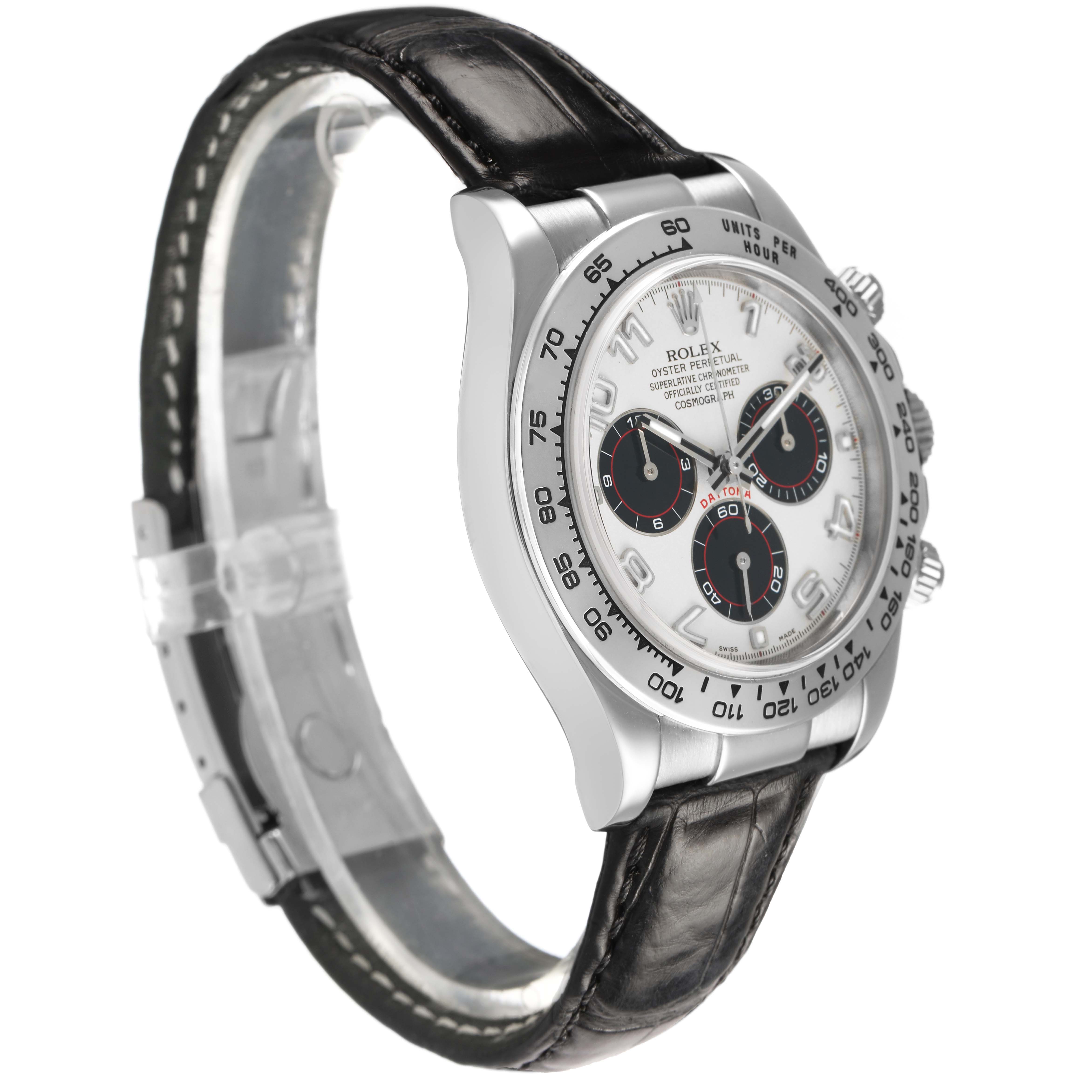 The Rolex Daytona 116519 Men's White Gold Silver Dial watch is shown at a three-quarter angle, highlighting the dial, bezel, and leather strap.