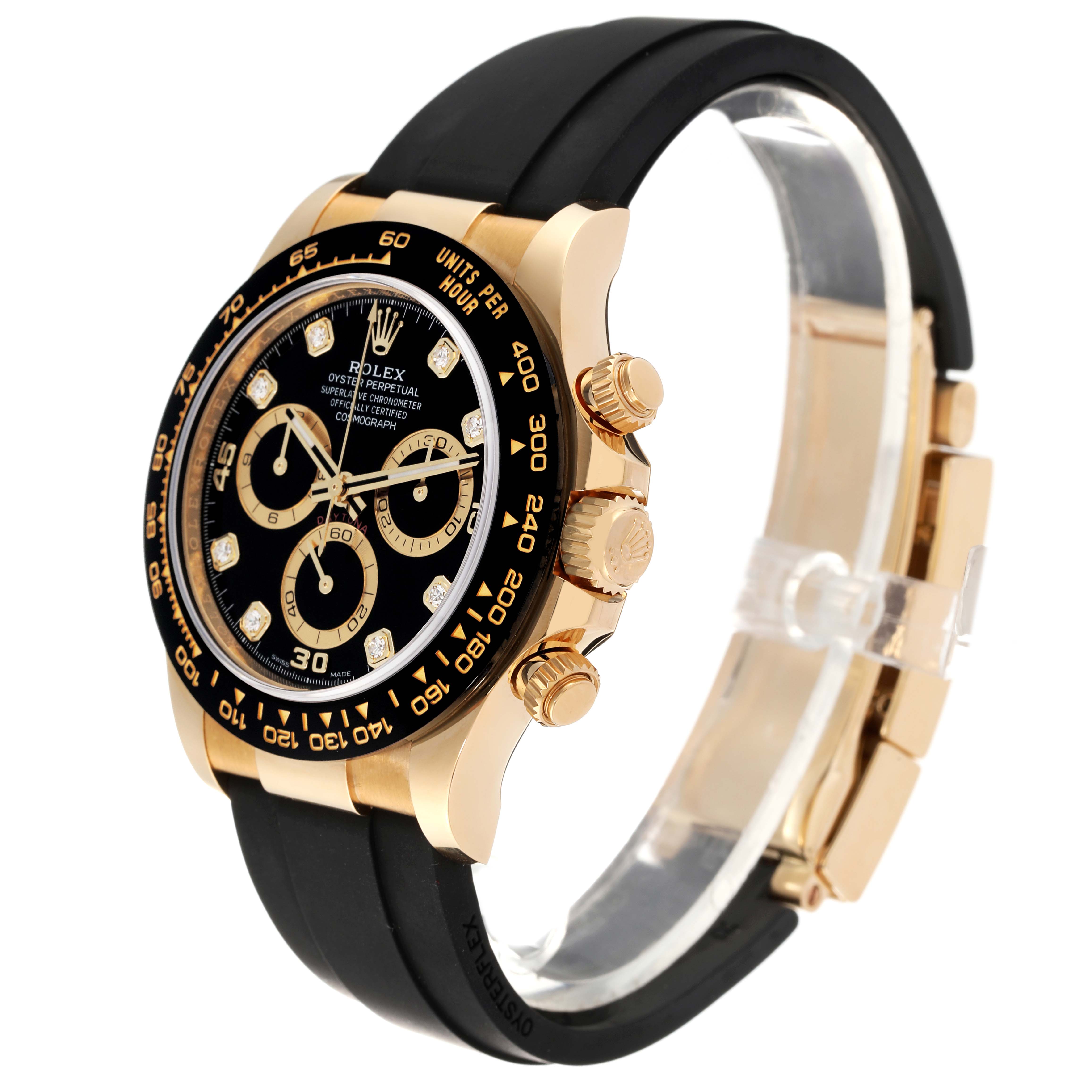 The Rolex Daytona 116518 Men's Yellow Gold Black Dial 116518 Men's Yellow Gold Black Dial watch is shown at a slight angle, displaying the face, bezel, and side buttons prominently.
