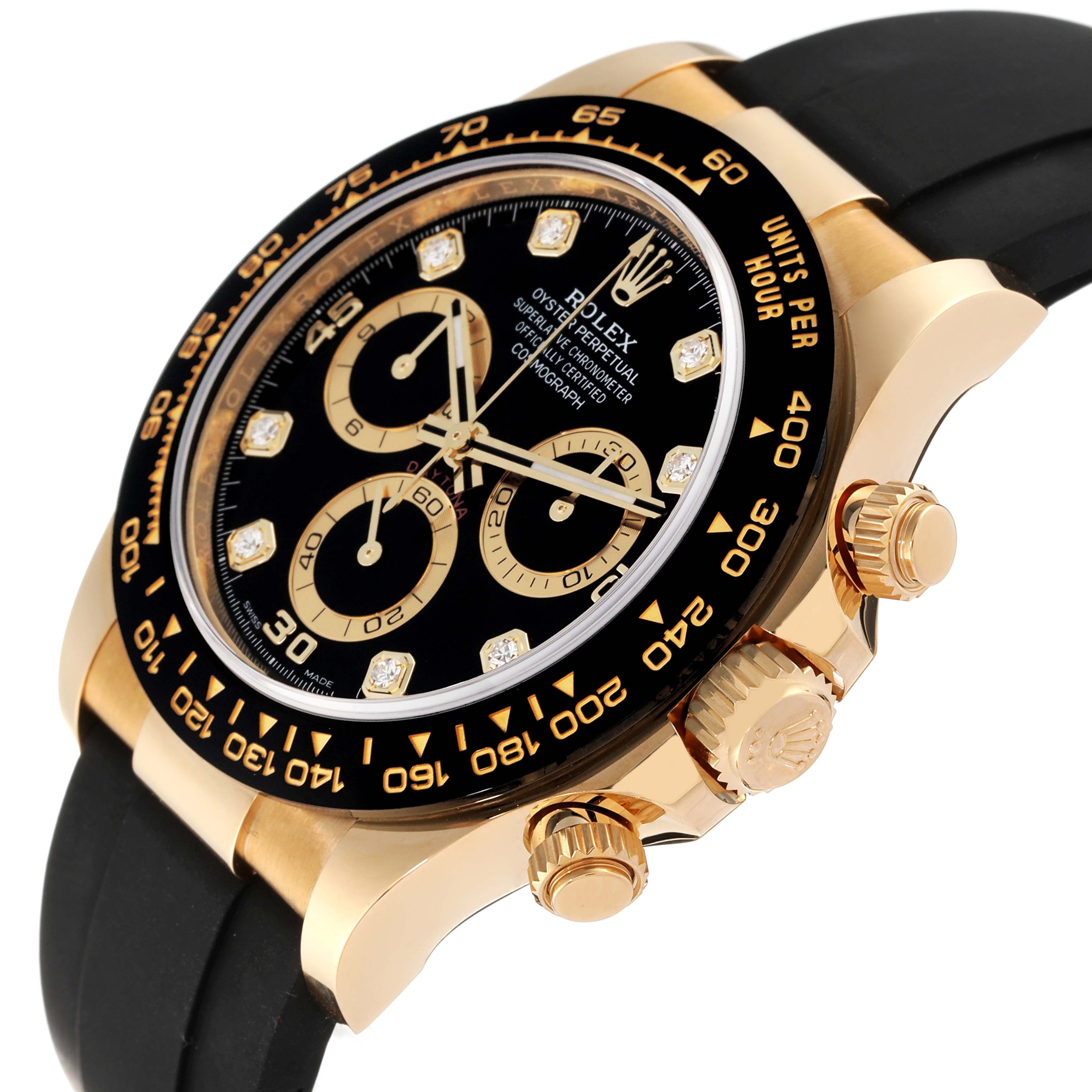The Rolex Daytona 116518 Men's Yellow Gold Black Dial 116518 Men's Yellow Gold Black Dial watch is shown at an angle highlighting its black dial, gold bezel, and side crowns.