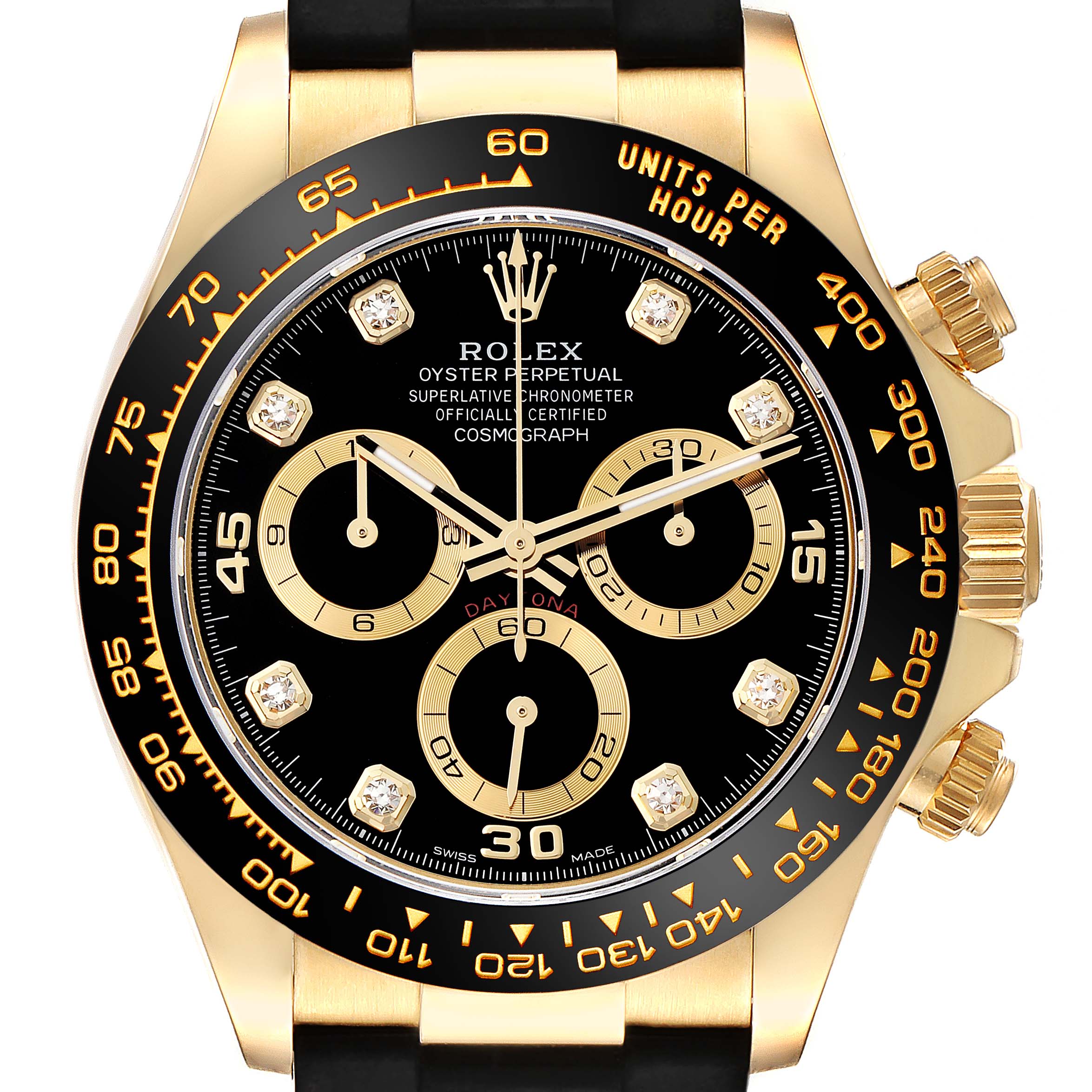 The image shows a Rolex Daytona 116518 Men's Yellow Gold Black Dial 116518 Men's Yellow Gold Black Dial watch from the front, displaying the dial, bezel, and crown.