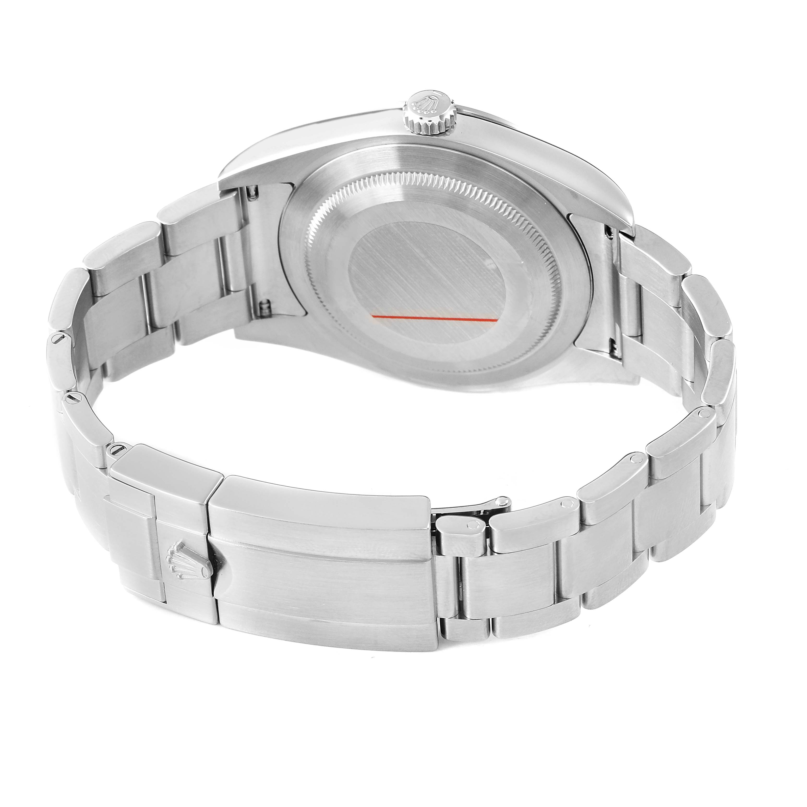 The Rolex Explorer 214270 Men's Stainless Steel Black Dial watch is shown from the back, highlighting the case back and bracelet.