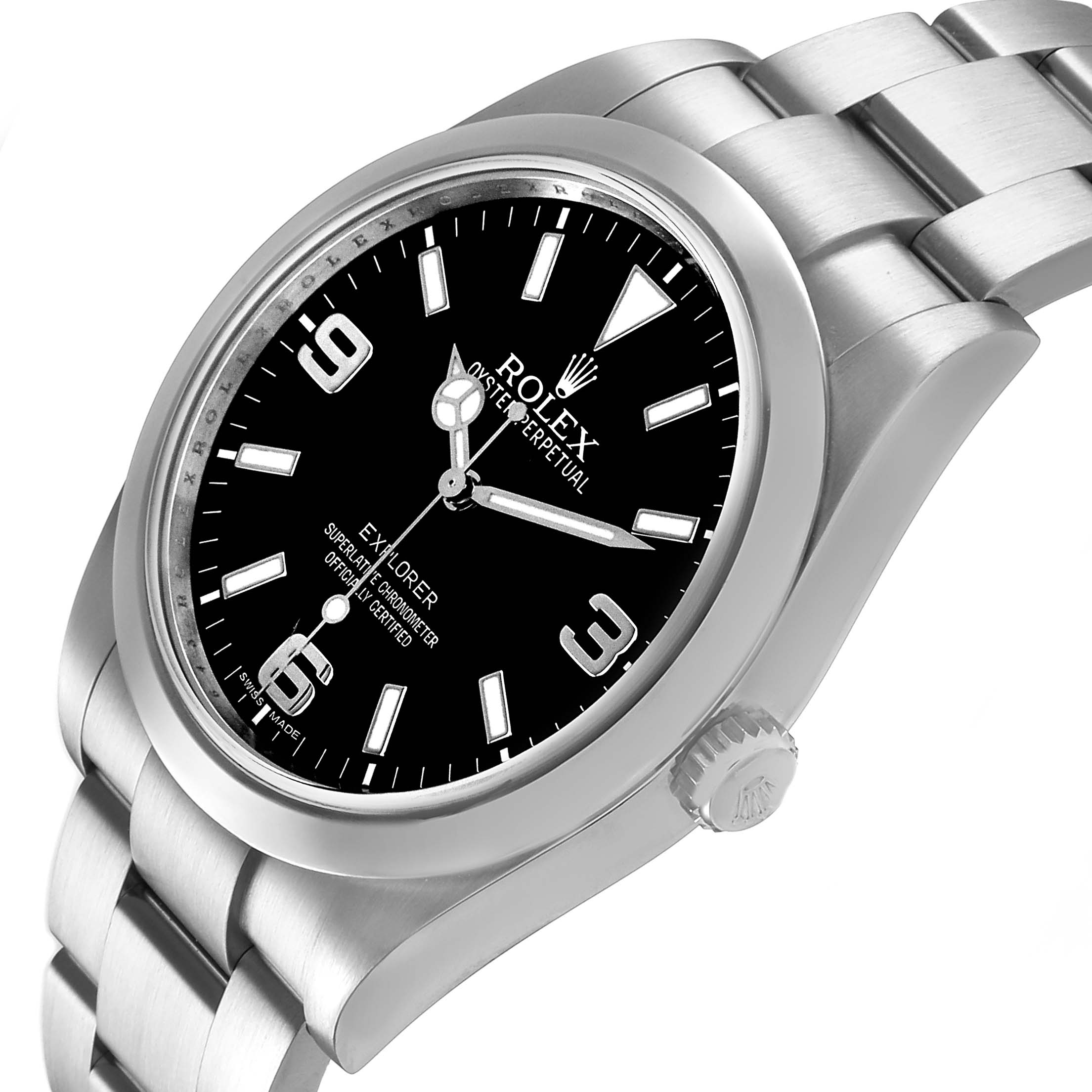 The Rolex Explorer 214270 Men's Stainless Steel Black Dial is shown at a slight angle, highlighting the dial, crown, and stainless steel bracelet.