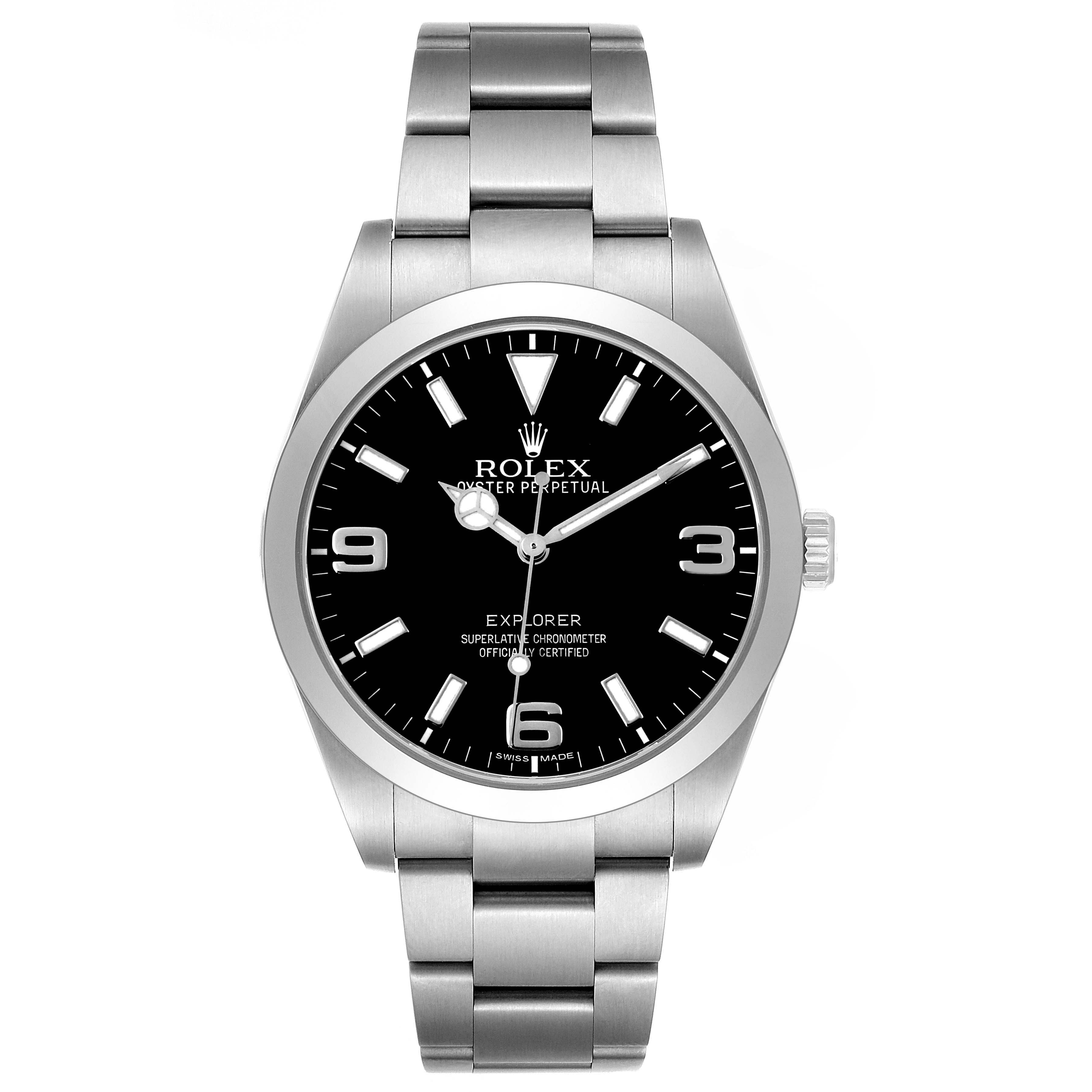 The Rolex Explorer 214270 Men's Stainless Steel Black Dial watch is shown from a front angle, highlighting the dial, bracelet, and crown.
