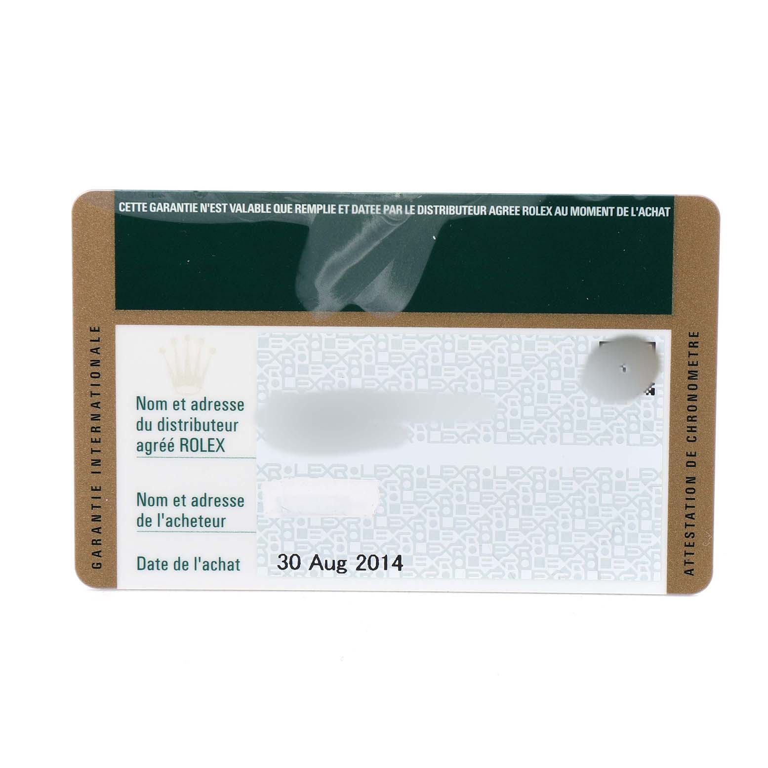 The image shows a warranty card for a Rolex Explorer 214270 Men's Stainless Steel Black Dial watch.