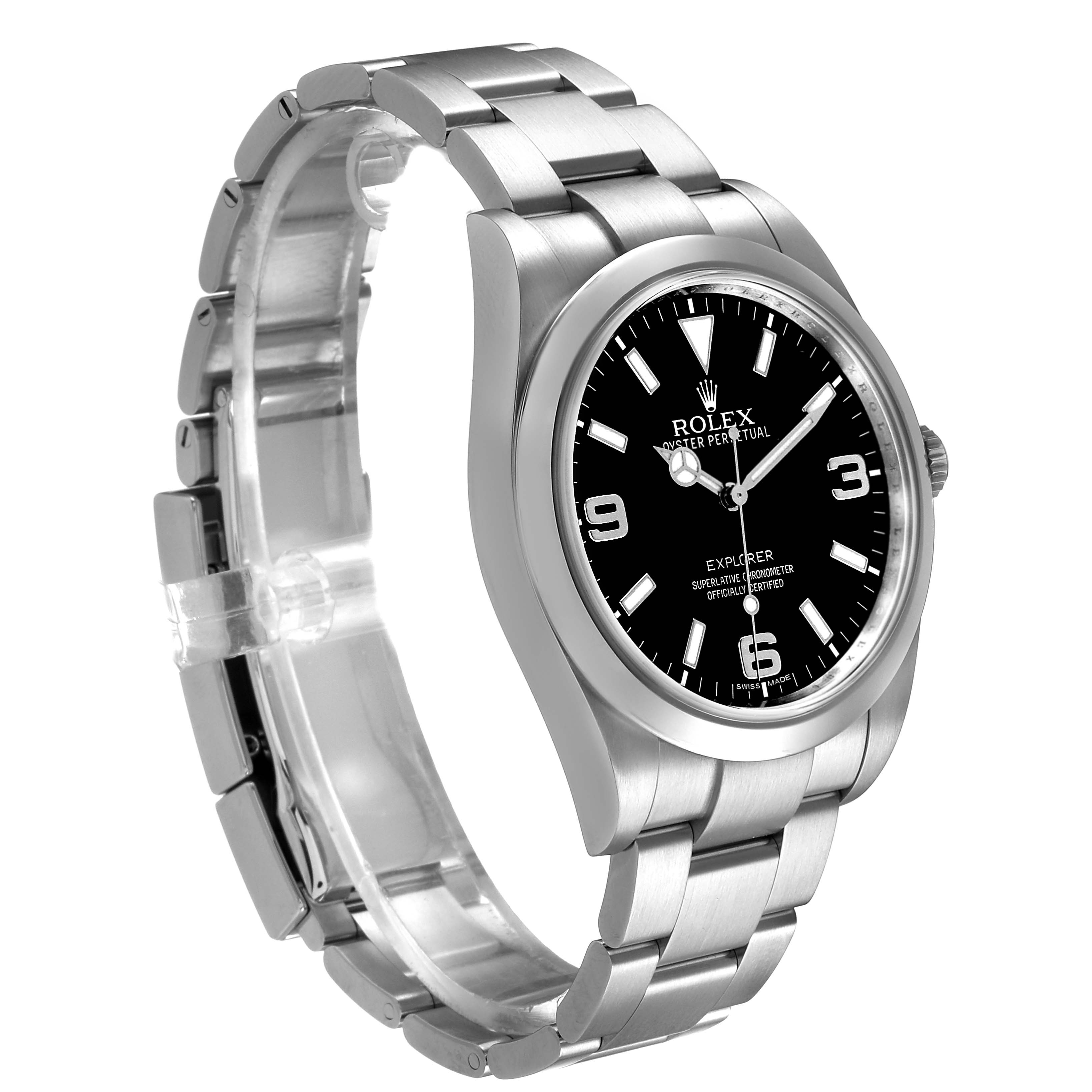 The Rolex Explorer 214270 Men's Stainless Steel Black Dial watch is shown at an angled side view, displaying its bezel, dial, and stainless steel bracelet.