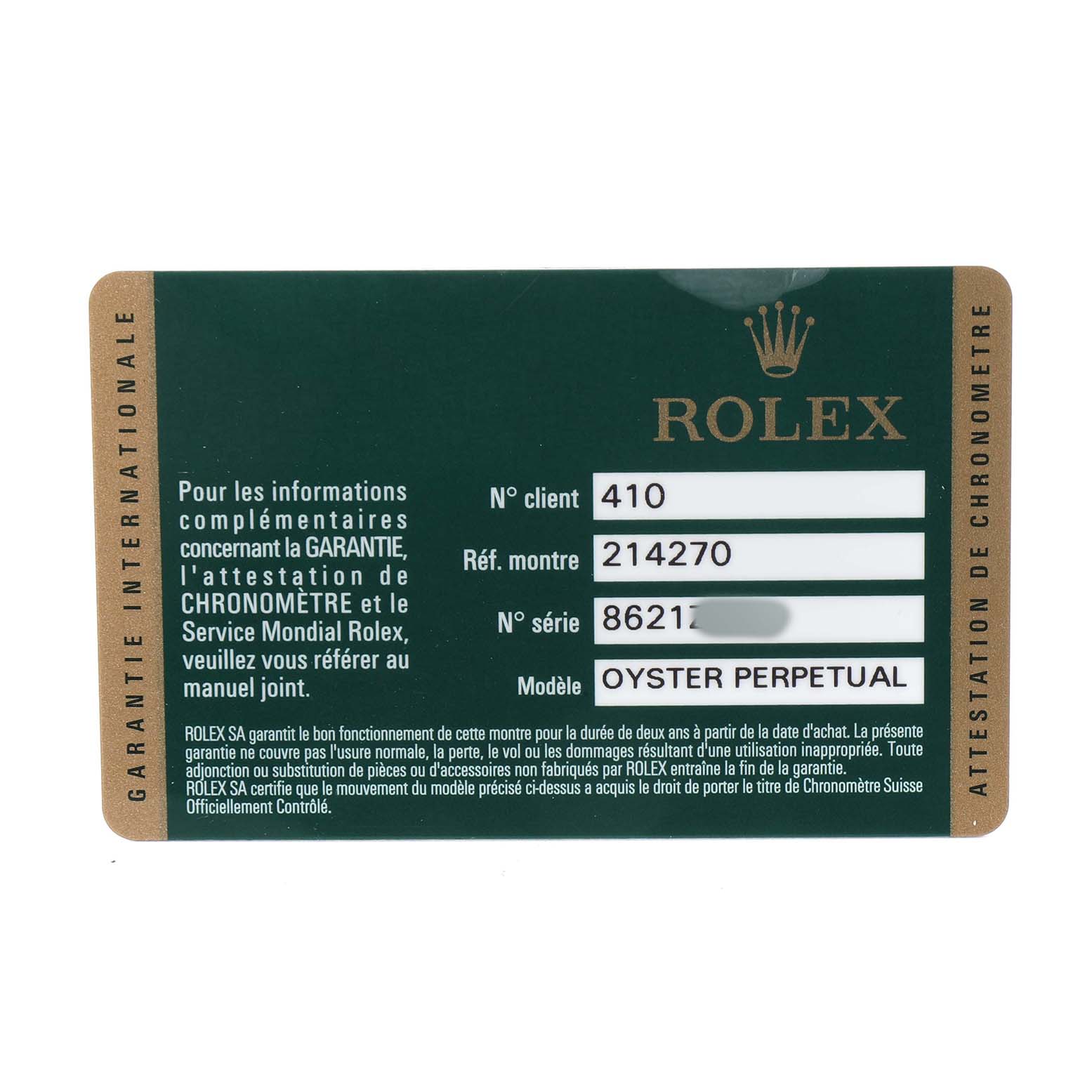 This image shows a warranty card for a Rolex Explorer 214270 Men's Stainless Steel Black Dial model, featuring details like model and serial numbers.